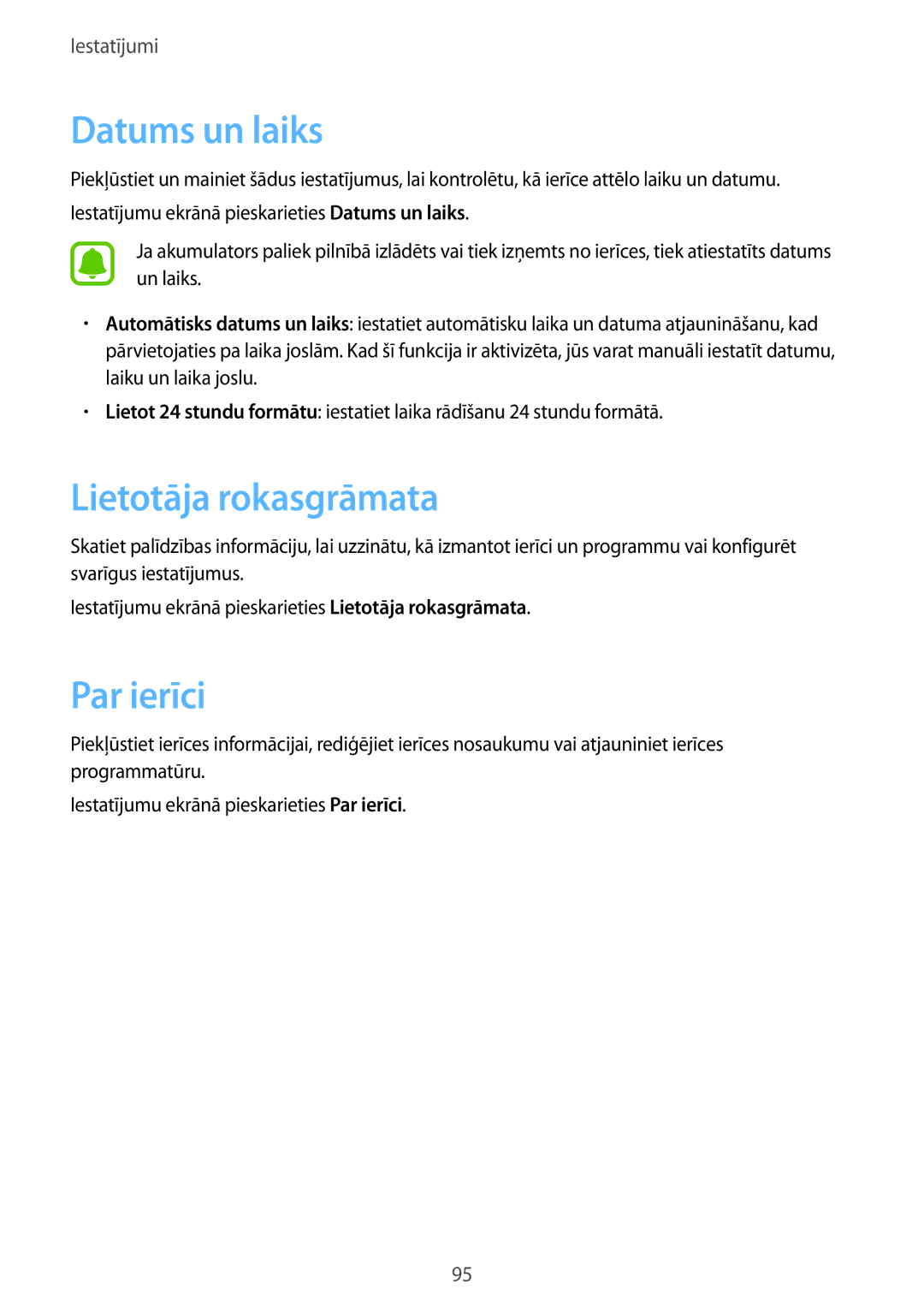 Samsung SM-A310FZDASEB, SM-A310FZKASEB manual Datums un laiks, Lietotāja rokasgrāmata, Par ierīci 