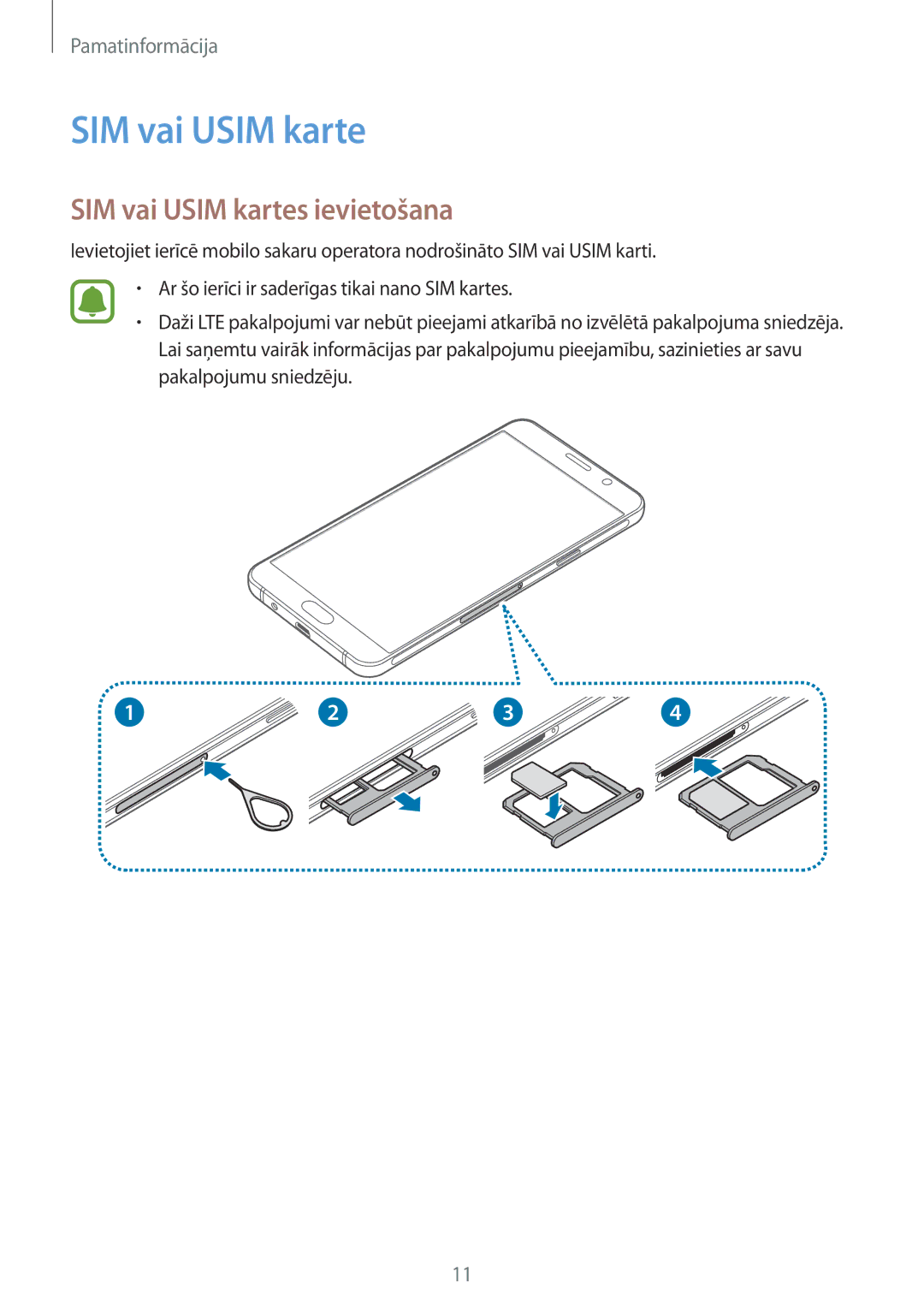 Samsung SM-A310FZDASEB, SM-A310FZKASEB manual SIM vai Usim kartes ievietošana 