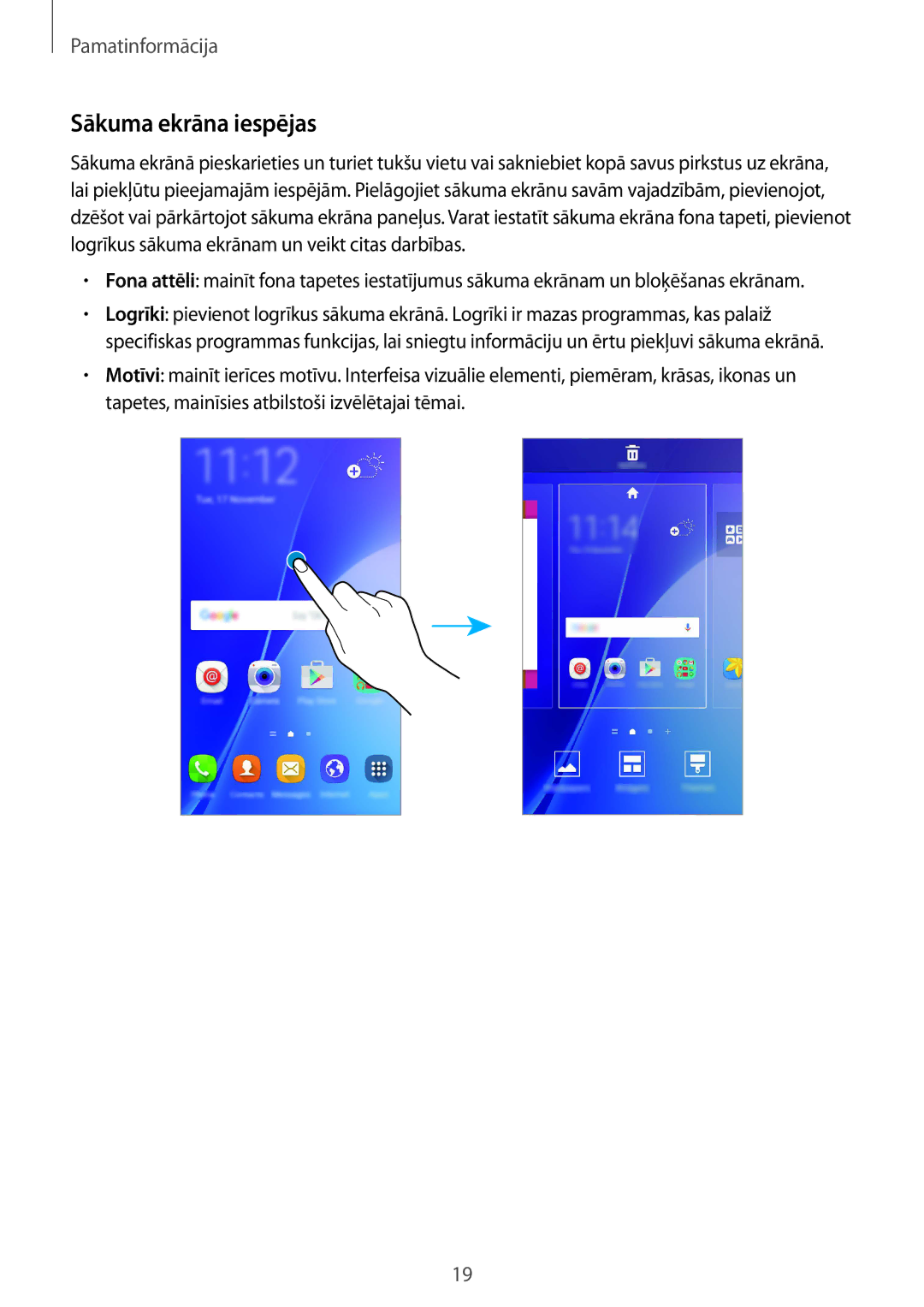 Samsung SM-A310FZDASEB, SM-A310FZKASEB manual Sākuma ekrāna iespējas 