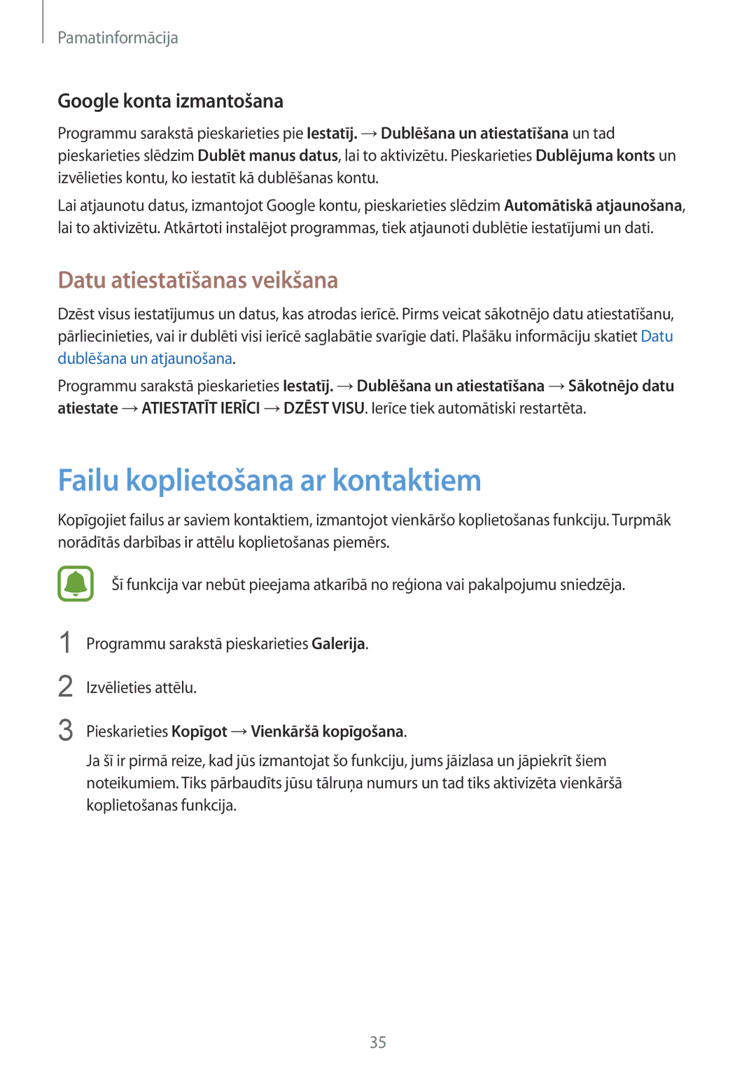 Samsung SM-A310FZDASEB manual Failu koplietošana ar kontaktiem, Datu atiestatīšanas veikšana, Google konta izmantošana 