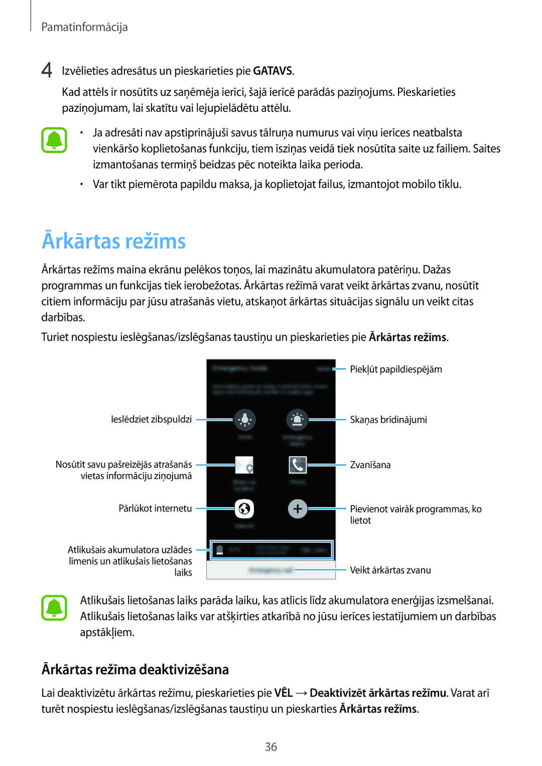 Samsung SM-A310FZKASEB, SM-A310FZDASEB manual Ārkārtas režīms, Ārkārtas režīma deaktivizēšana 