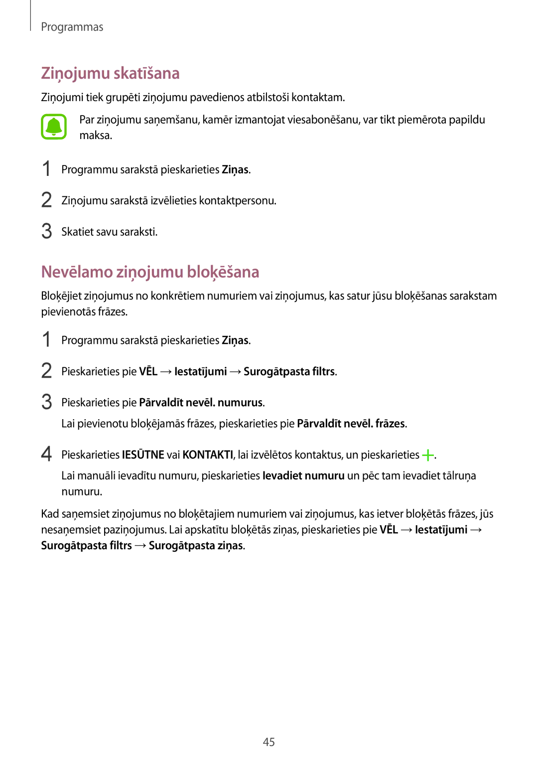 Samsung SM-A310FZDASEB, SM-A310FZKASEB manual Ziņojumu skatīšana, Nevēlamo ziņojumu bloķēšana 