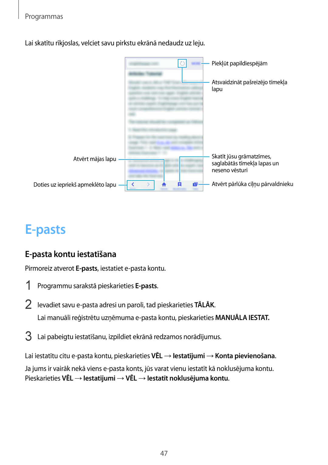 Samsung SM-A310FZDASEB, SM-A310FZKASEB manual Pasts, Pasta kontu iestatīšana 