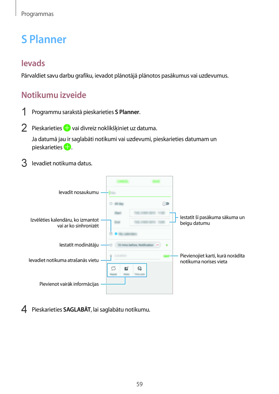 Samsung SM-A310FZDASEB, SM-A310FZKASEB manual Planner, Notikumu izveide 