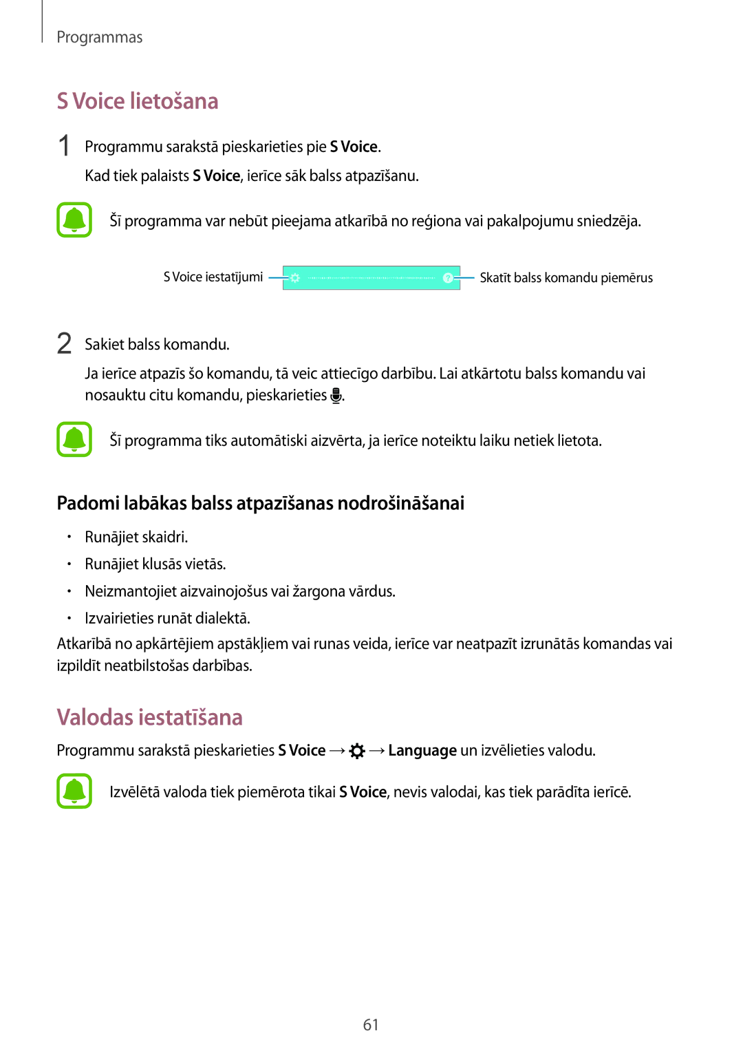 Samsung SM-A310FZDASEB manual Voice lietošana, Valodas iestatīšana, Padomi labākas balss atpazīšanas nodrošināšanai 