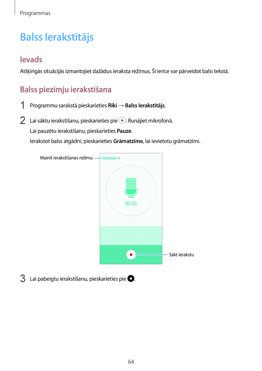 Samsung SM-A310FZKASEB, SM-A310FZDASEB manual Balss Ierakstītājs, Balss piezīmju ierakstīšana 