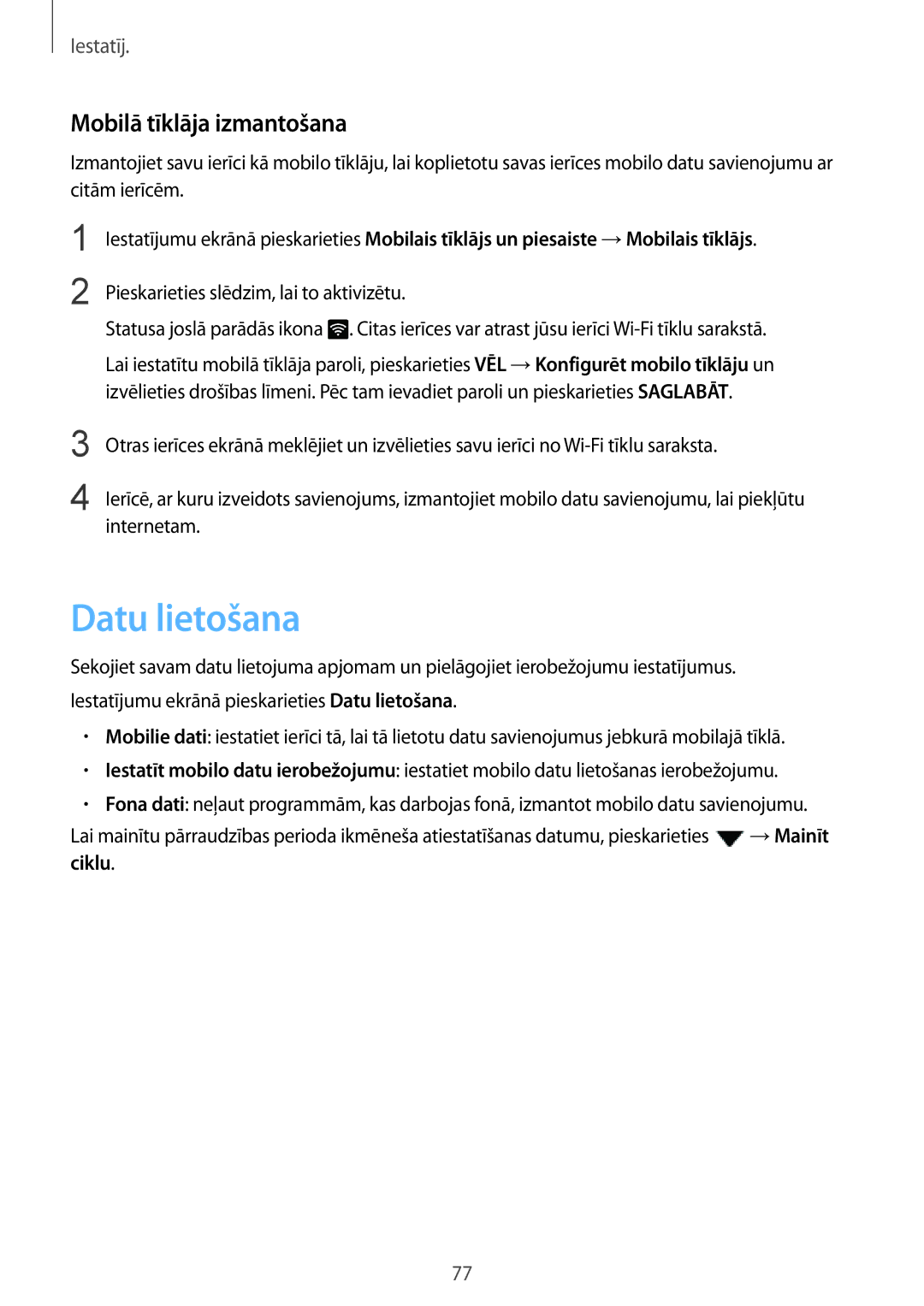 Samsung SM-A310FZDASEB, SM-A310FZKASEB manual Datu lietošana, Mobilā tīklāja izmantošana 