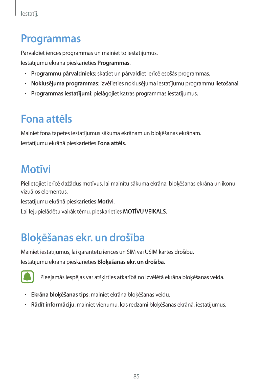 Samsung SM-A310FZDASEB, SM-A310FZKASEB manual Programmas, Fona attēls, Motīvi, Bloķēšanas ekr. un drošība 