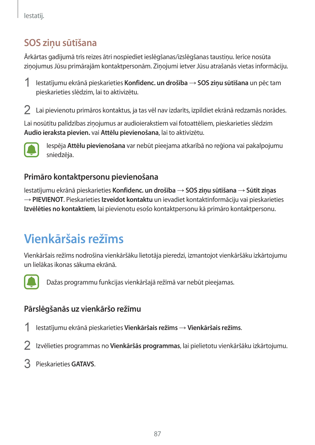 Samsung SM-A310FZDASEB, SM-A310FZKASEB manual Vienkāršais režīms, SOS ziņu sūtīšana, Primāro kontaktpersonu pievienošana 