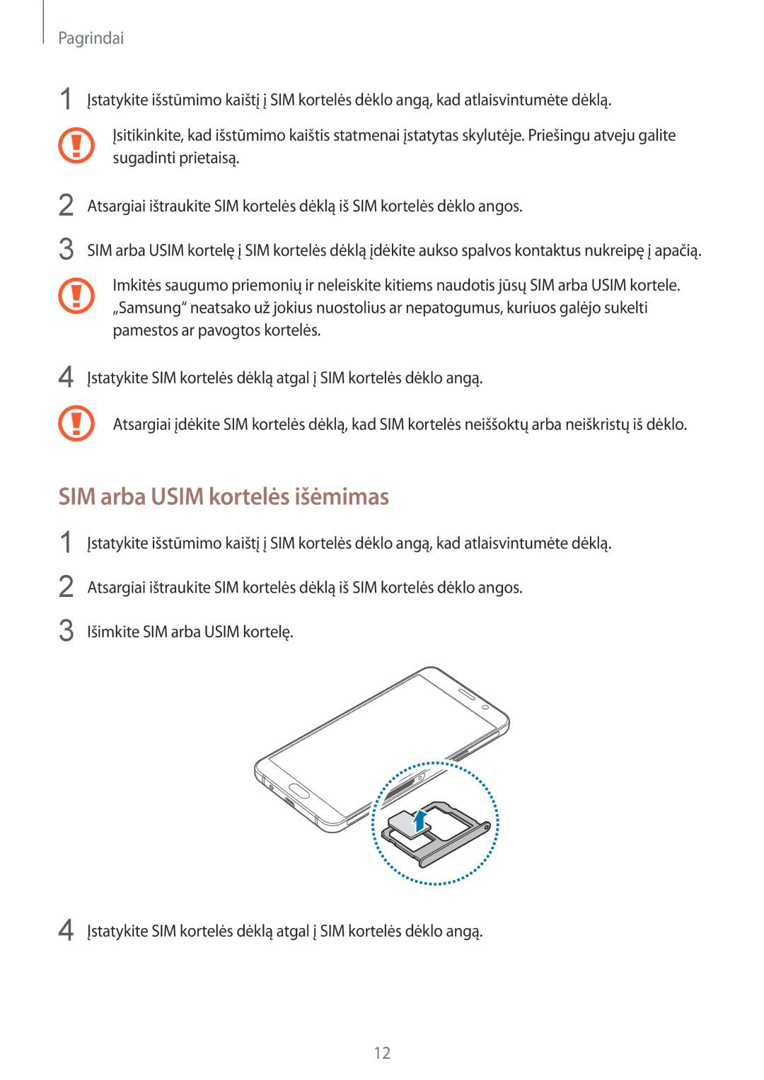 Samsung SM-A310FZKASEB, SM-A310FZDASEB manual SIM arba Usim kortelės išėmimas 