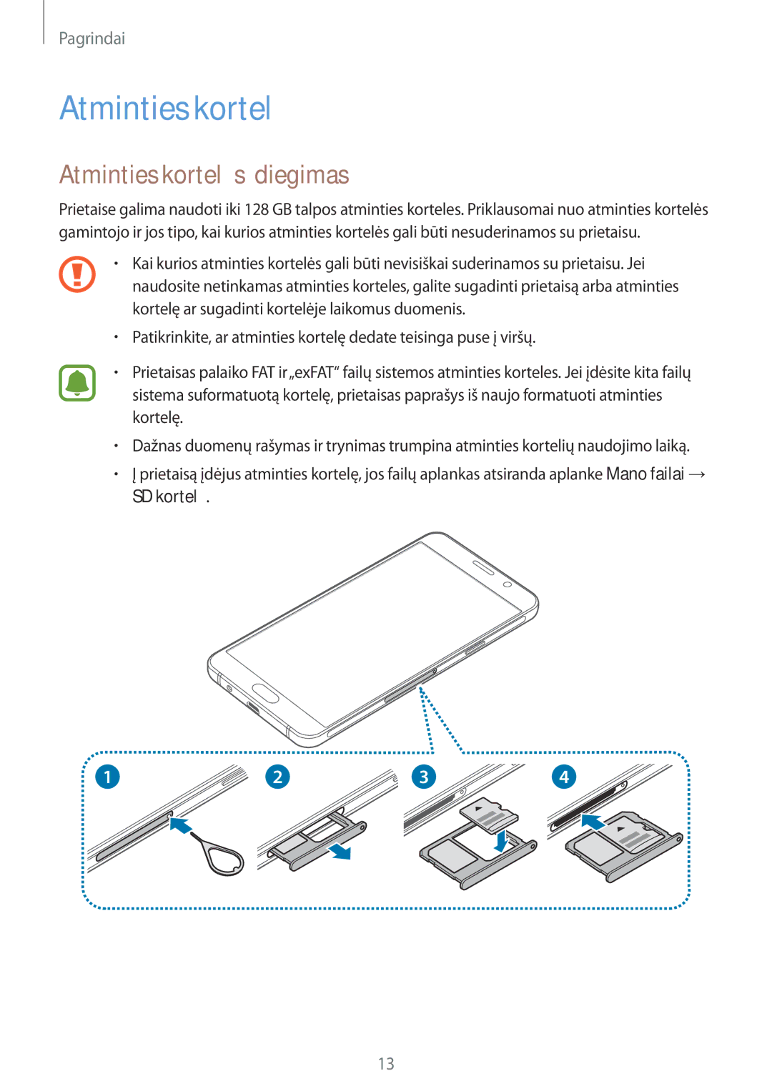 Samsung SM-A310FZDASEB, SM-A310FZKASEB manual Atminties kortelės įdiegimas 