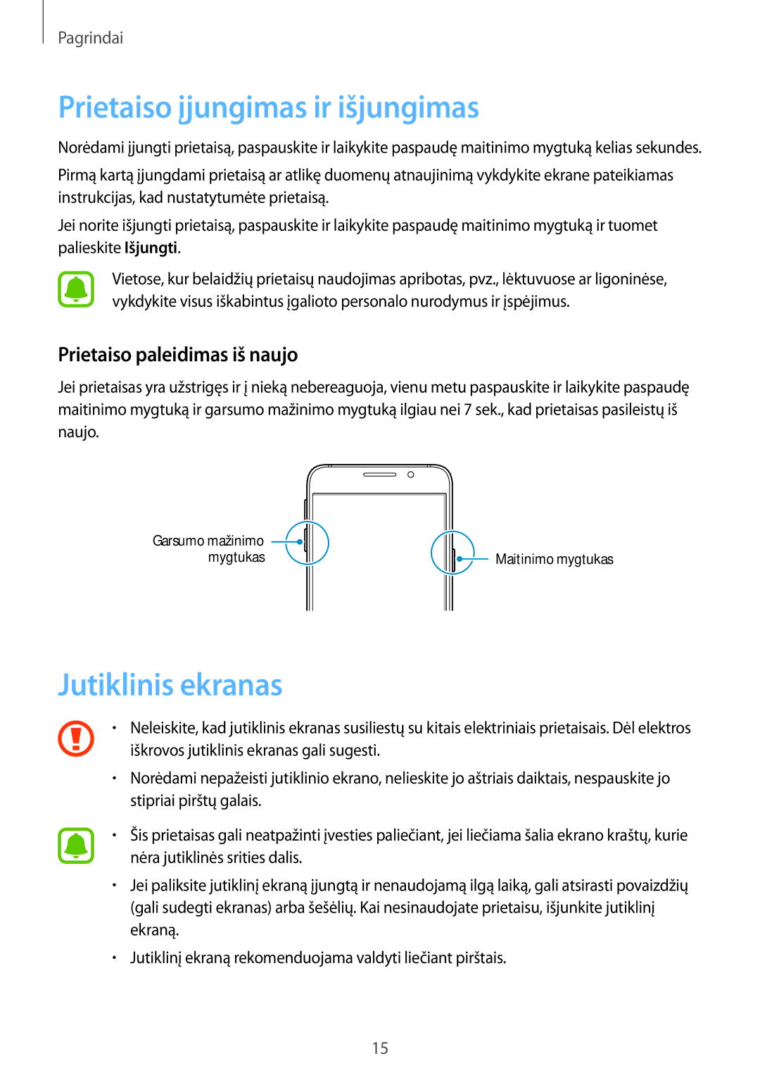 Samsung SM-A310FZDASEB manual Prietaiso įjungimas ir išjungimas, Jutiklinis ekranas, Prietaiso paleidimas iš naujo 