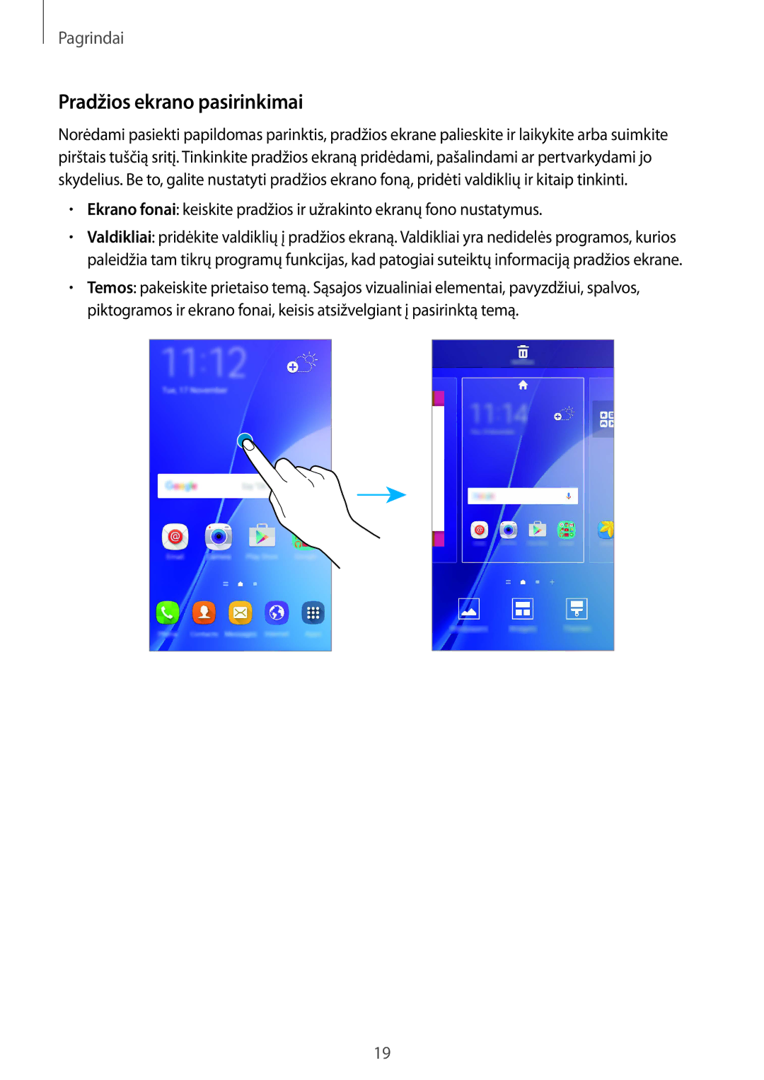 Samsung SM-A310FZDASEB, SM-A310FZKASEB manual Pradžios ekrano pasirinkimai 