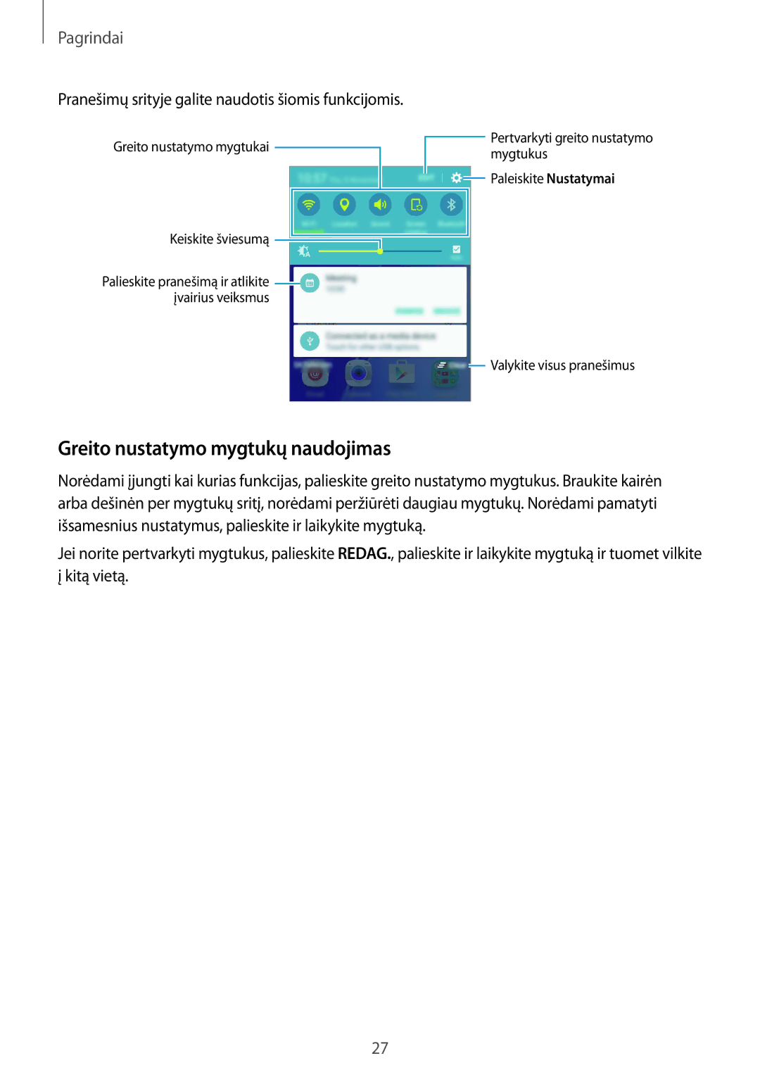 Samsung SM-A310FZDASEB manual Greito nustatymo mygtukų naudojimas, Pranešimų srityje galite naudotis šiomis funkcijomis 