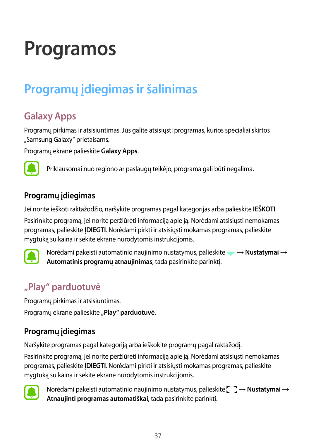 Samsung SM-A310FZDASEB, SM-A310FZKASEB manual Programų įdiegimas ir šalinimas, Galaxy Apps, „Play parduotuvė 