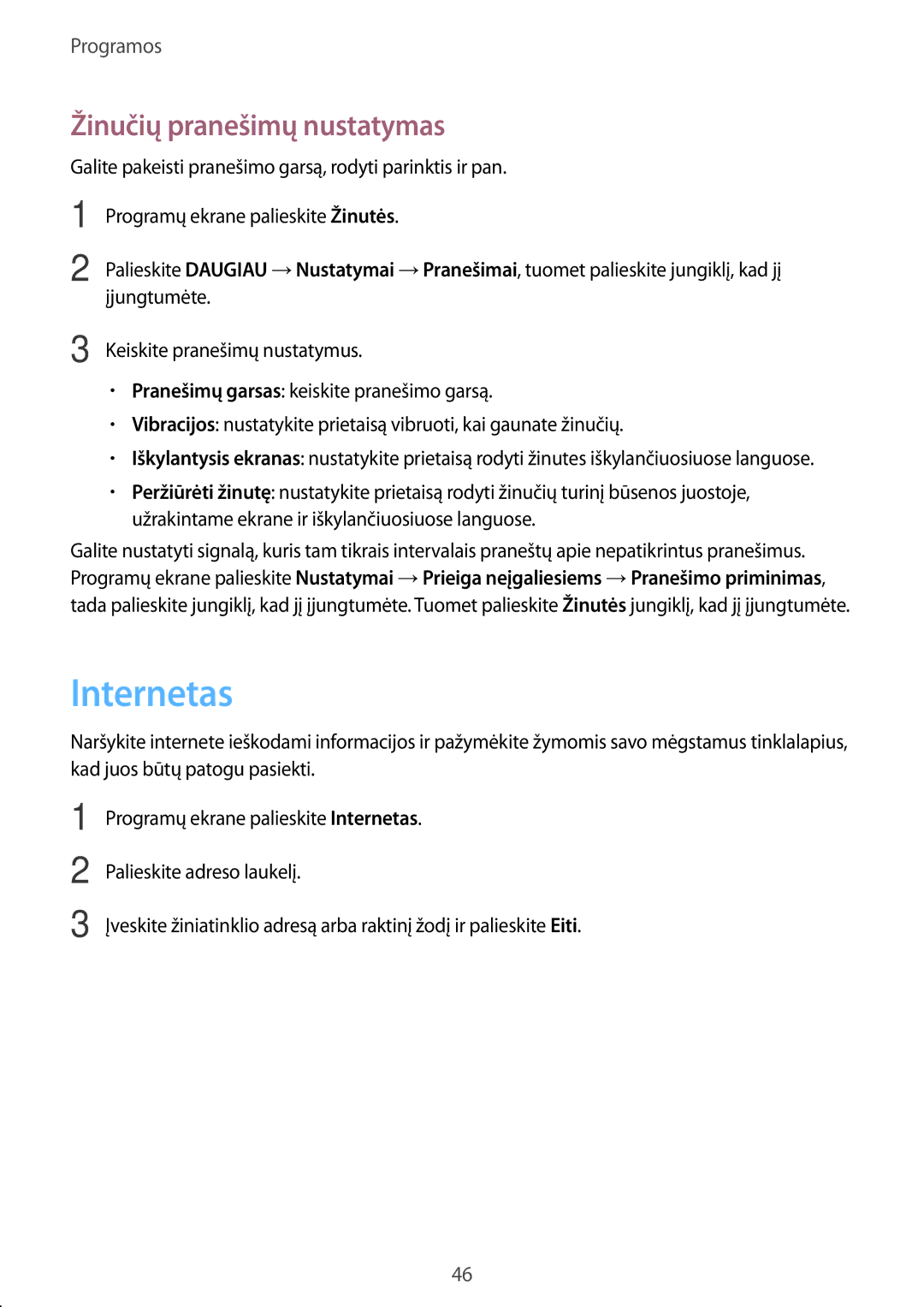 Samsung SM-A310FZKASEB, SM-A310FZDASEB manual Internetas, Žinučių pranešimų nustatymas 