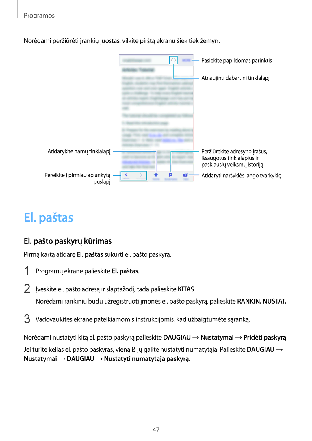 Samsung SM-A310FZDASEB, SM-A310FZKASEB manual El. paštas, El. pašto paskyrų kūrimas 