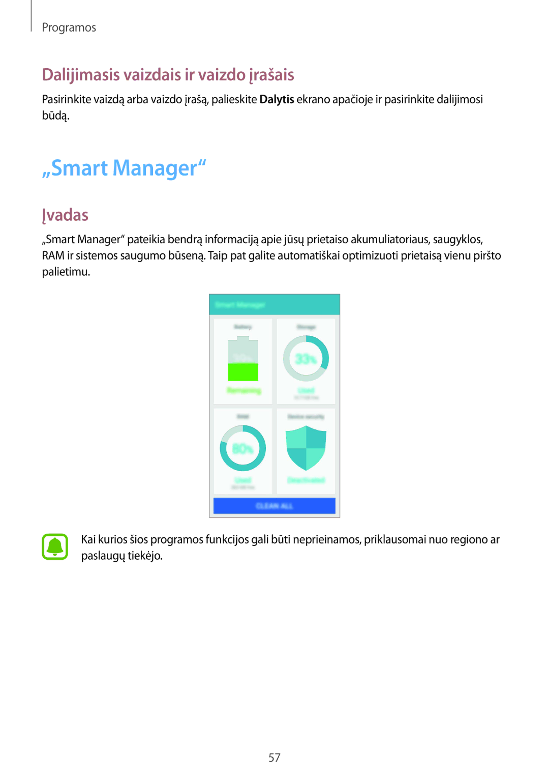 Samsung SM-A310FZDASEB, SM-A310FZKASEB manual „Smart Manager, Dalijimasis vaizdais ir vaizdo įrašais 