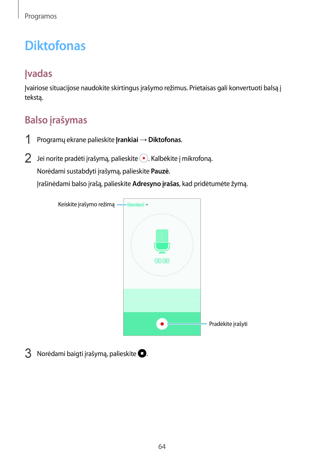 Samsung SM-A310FZKASEB, SM-A310FZDASEB manual Balso įrašymas, Programų ekrane palieskite Įrankiai →Diktofonas 