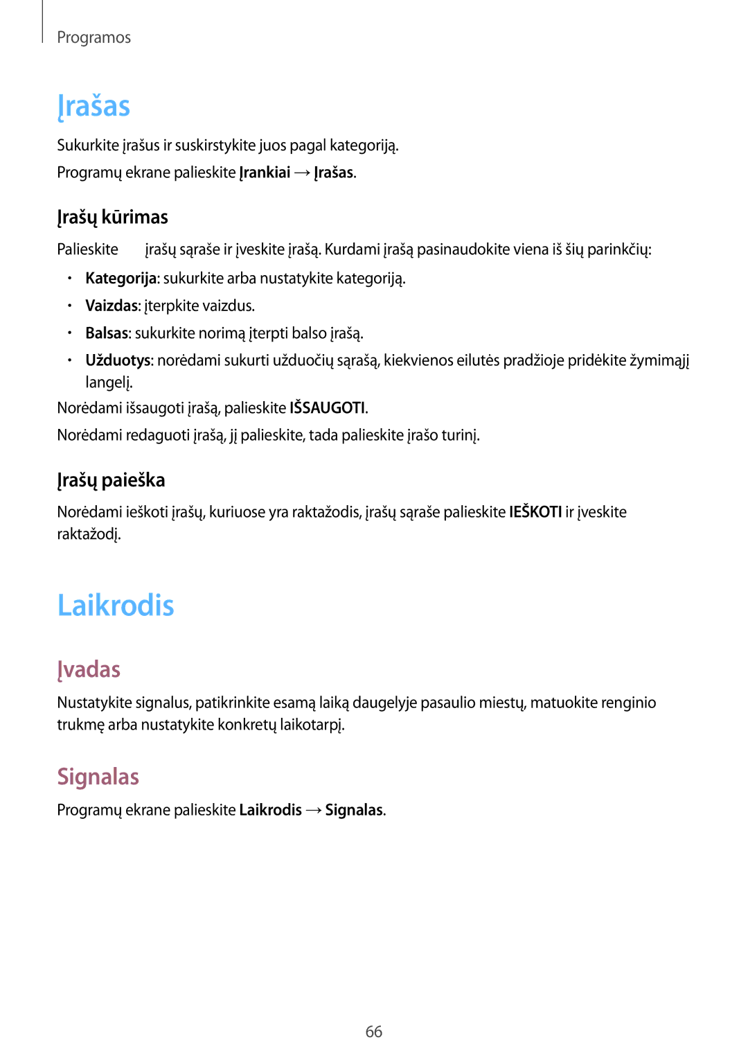 Samsung SM-A310FZKASEB, SM-A310FZDASEB manual Įrašas, Laikrodis, Signalas, Įrašų kūrimas, Įrašų paieška 