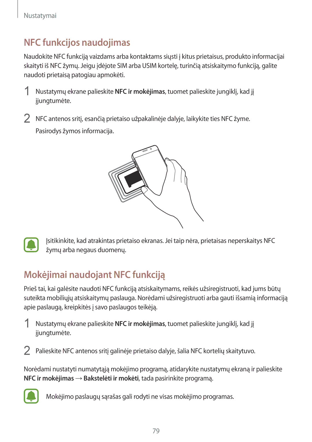 Samsung SM-A310FZDASEB, SM-A310FZKASEB manual NFC funkcijos naudojimas, Mokėjimai naudojant NFC funkciją 