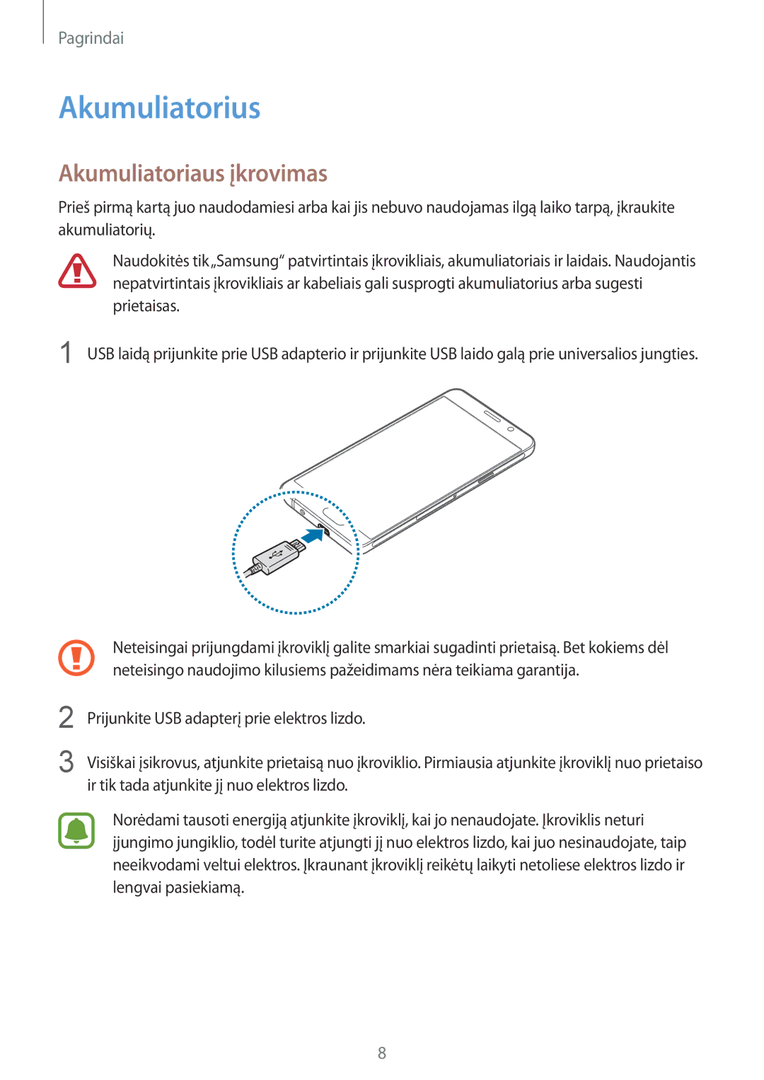 Samsung SM-A310FZKASEB, SM-A310FZDASEB manual Akumuliatorius, Akumuliatoriaus įkrovimas 