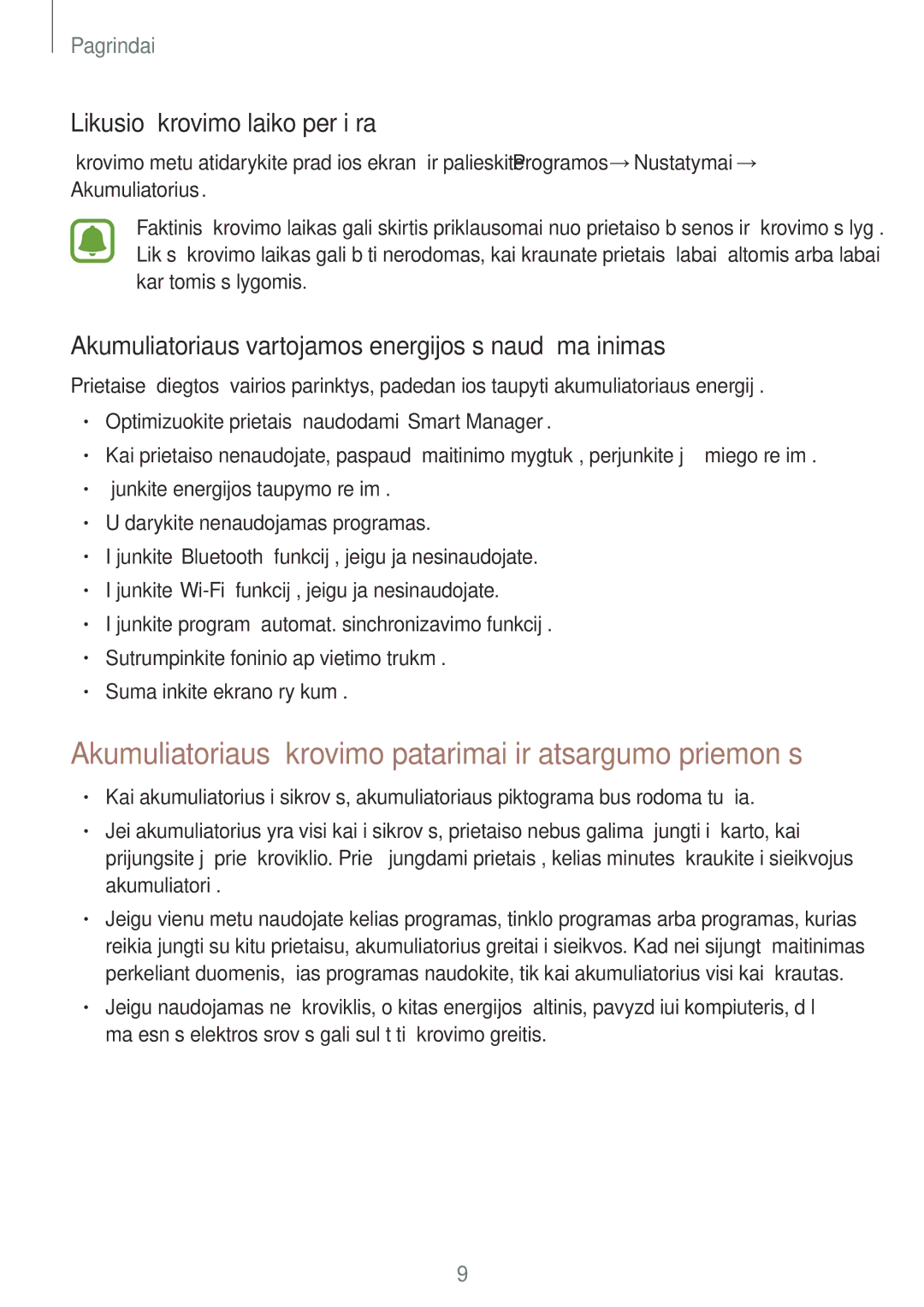 Samsung SM-A310FZDASEB manual Likusio įkrovimo laiko peržiūra, Akumuliatoriaus vartojamos energijos sąnaudų mažinimas 