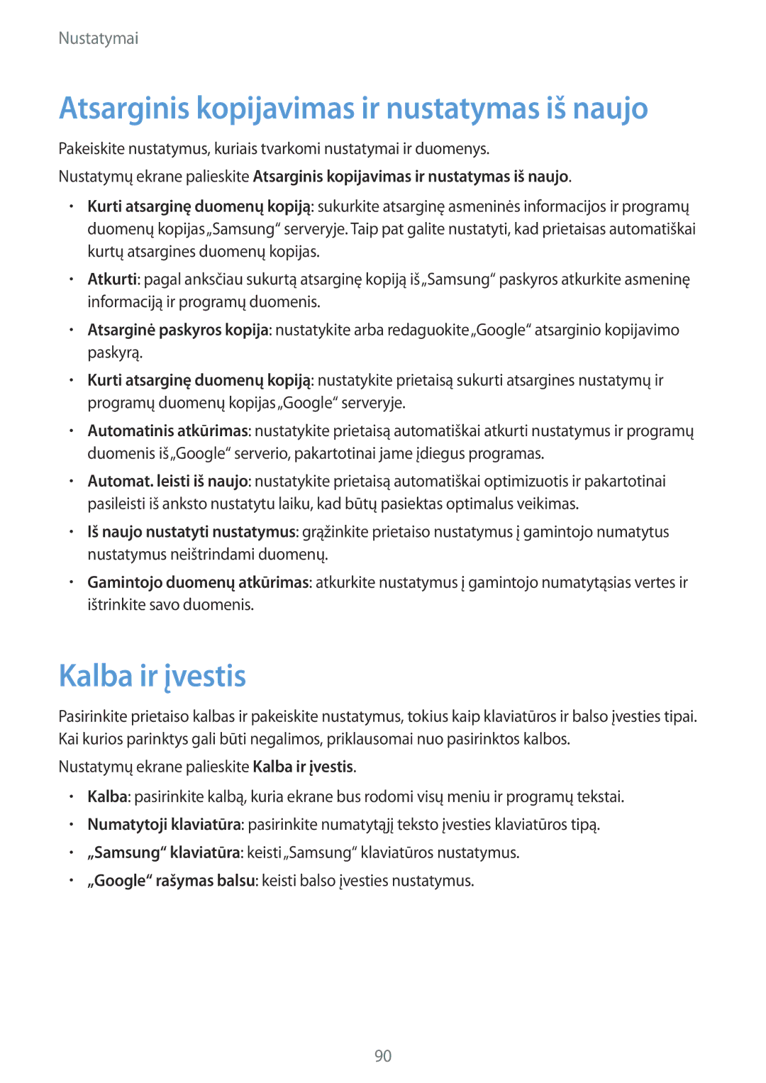 Samsung SM-A310FZKASEB, SM-A310FZDASEB manual Kalba ir įvestis, Atsarginis kopijavimas ir nustatymas iš naujo 