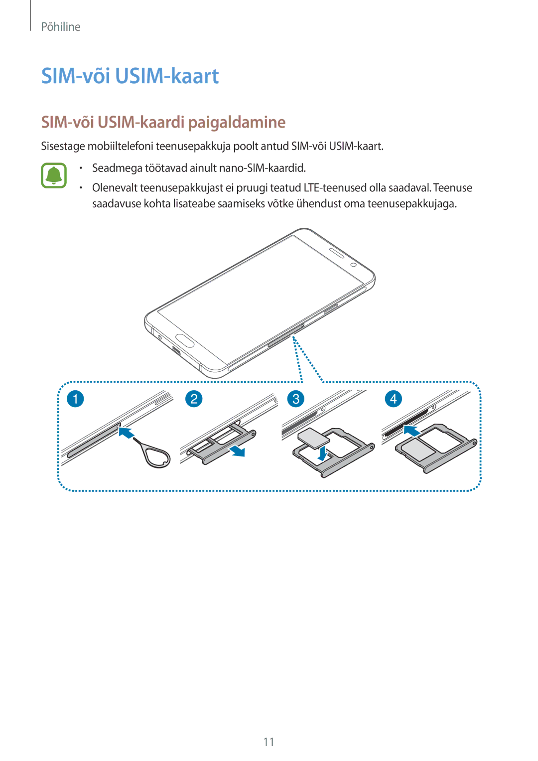 Samsung SM-A310FZDASEB, SM-A310FZKASEB manual SIM-või USIM-kaart, SIM-või USIM-kaardi paigaldamine 