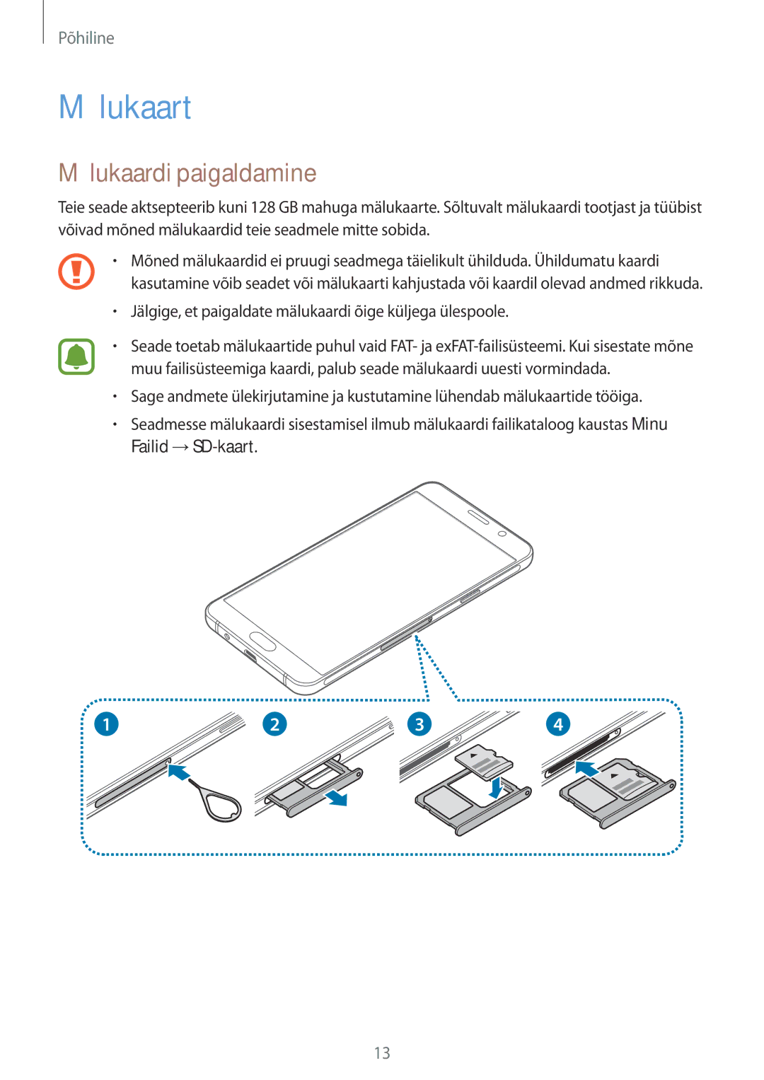 Samsung SM-A310FZDASEB, SM-A310FZKASEB manual Mälukaart, Mälukaardi paigaldamine 