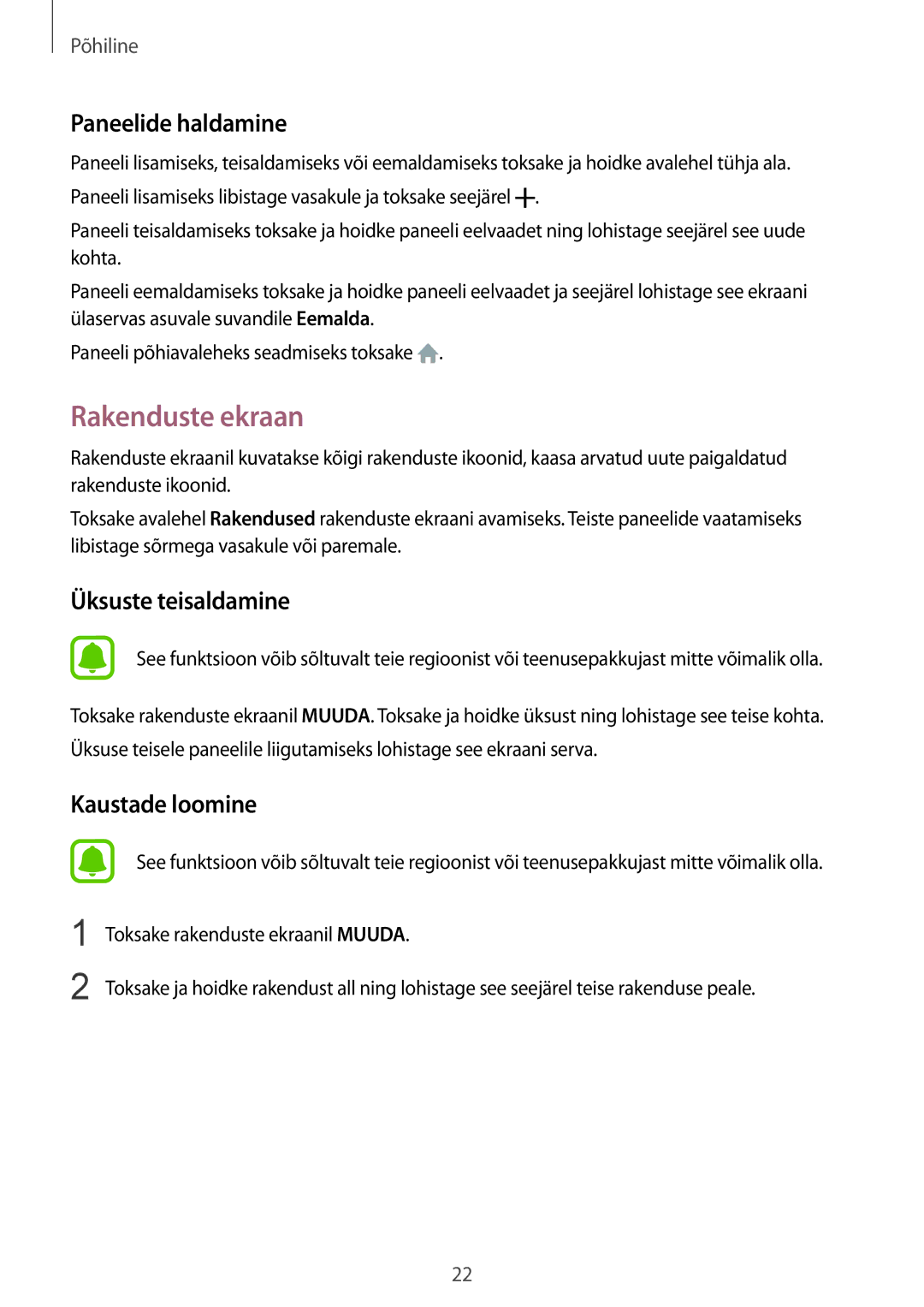 Samsung SM-A310FZKASEB, SM-A310FZDASEB manual Rakenduste ekraan, Paneelide haldamine, Üksuste teisaldamine 