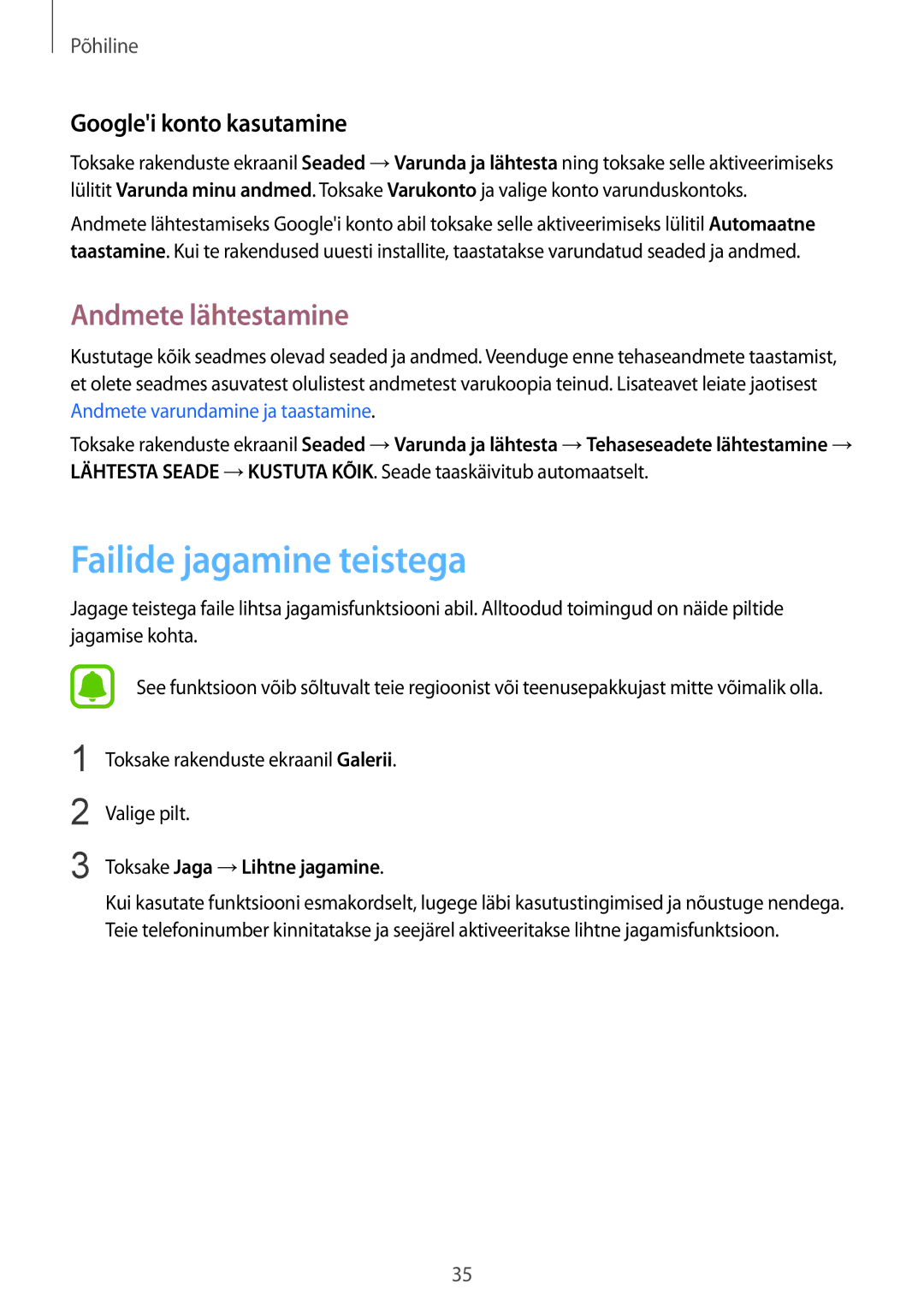 Samsung SM-A310FZDASEB, SM-A310FZKASEB manual Failide jagamine teistega, Andmete lähtestamine, Googlei konto kasutamine 