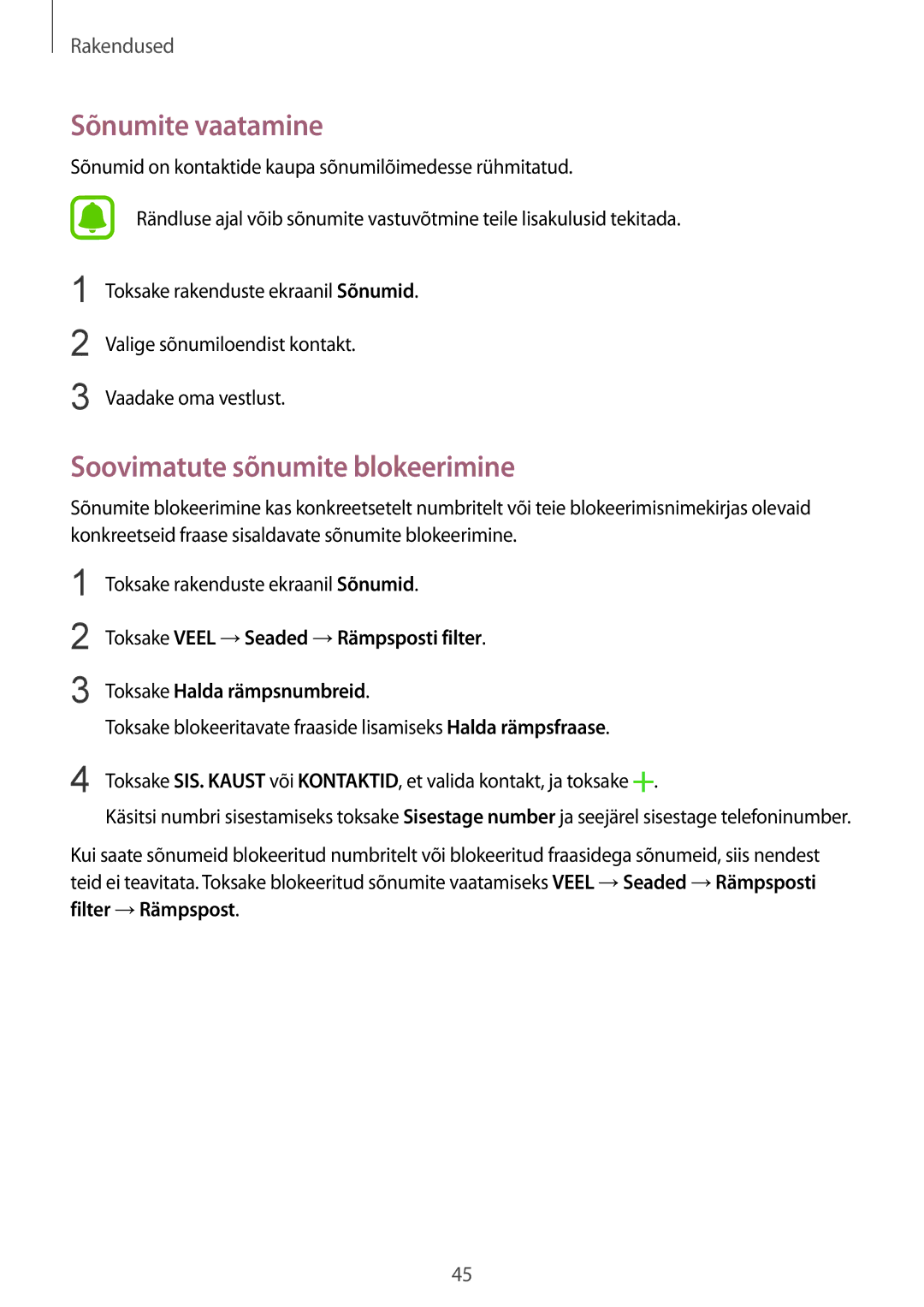 Samsung SM-A310FZDASEB, SM-A310FZKASEB manual Sõnumite vaatamine, Soovimatute sõnumite blokeerimine 