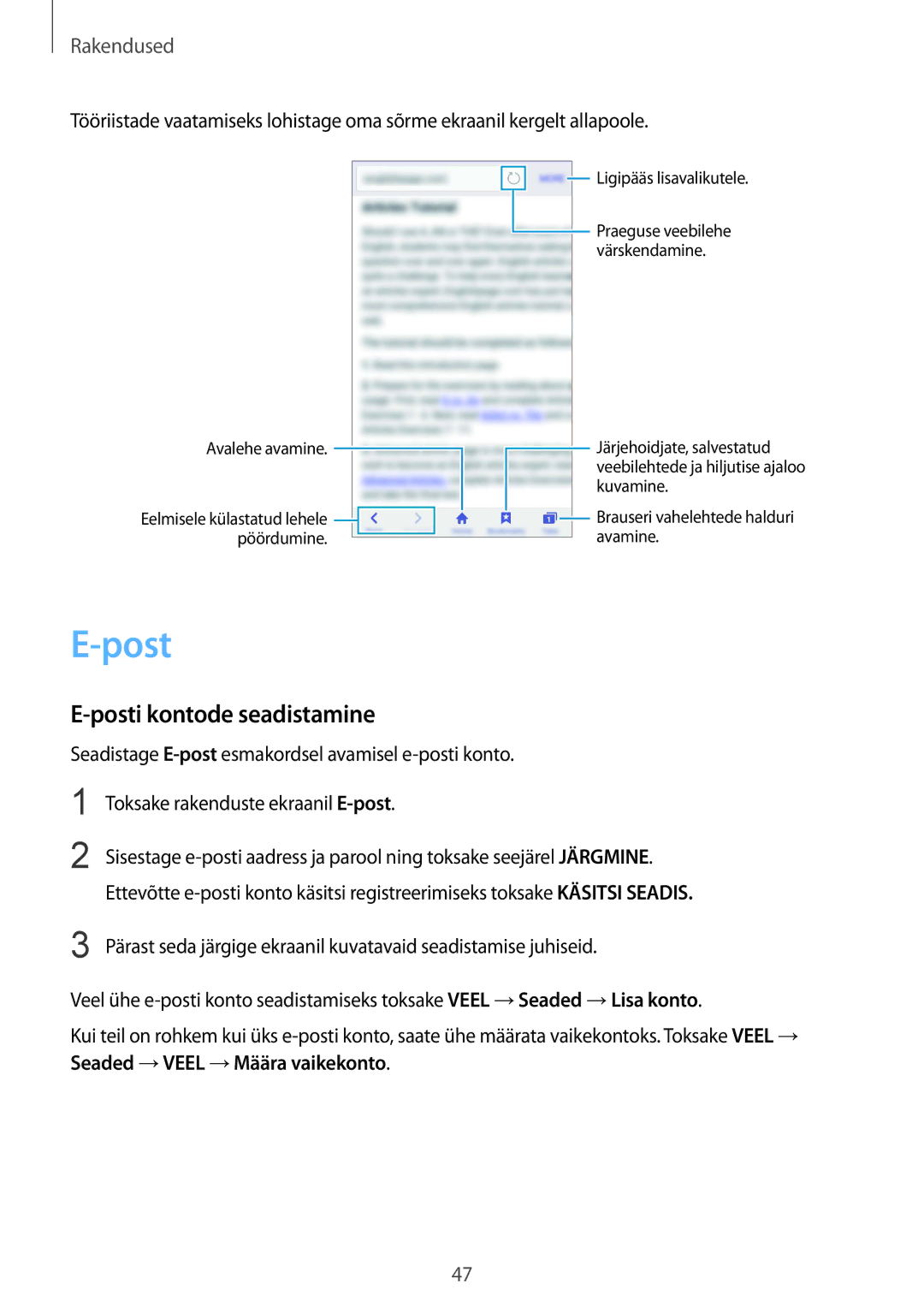 Samsung SM-A310FZDASEB, SM-A310FZKASEB manual Posti kontode seadistamine 