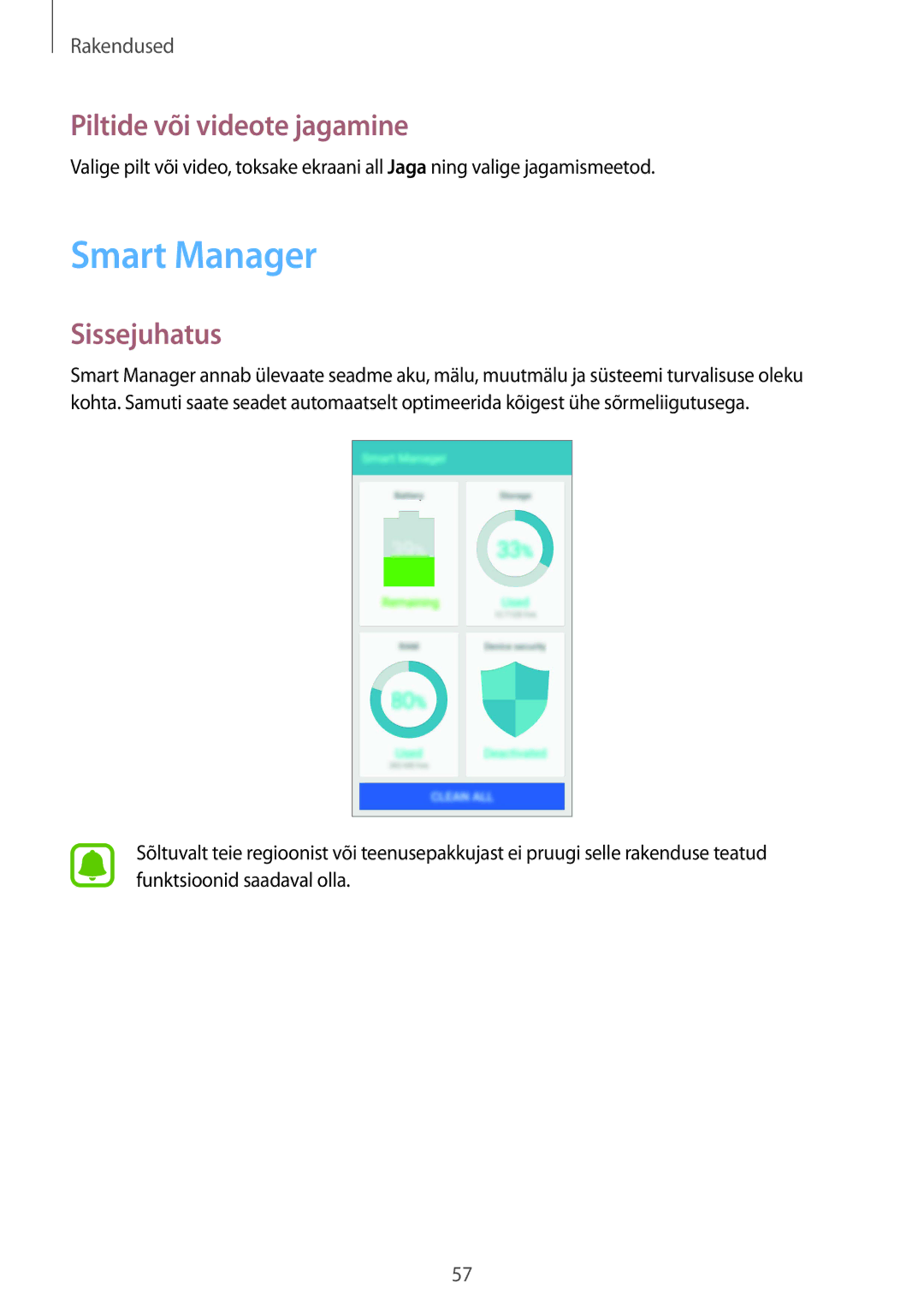 Samsung SM-A310FZDASEB, SM-A310FZKASEB manual Smart Manager, Piltide või videote jagamine 