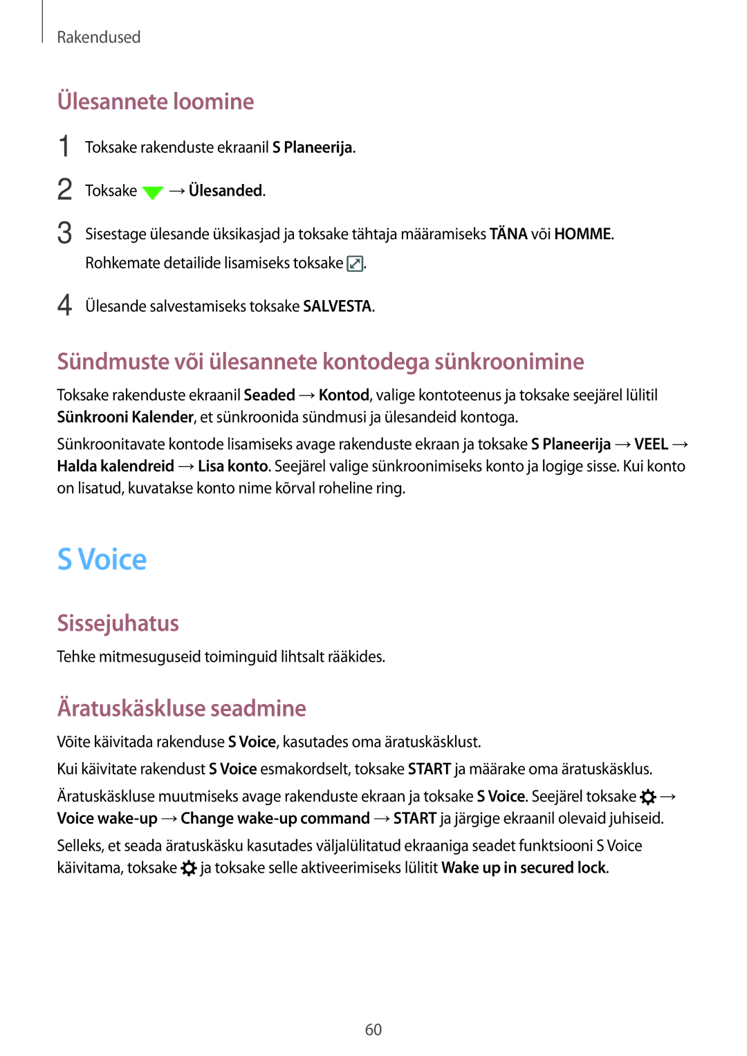 Samsung SM-A310FZKASEB manual Voice, Ülesannete loomine, Sündmuste või ülesannete kontodega sünkroonimine, →Ülesanded 