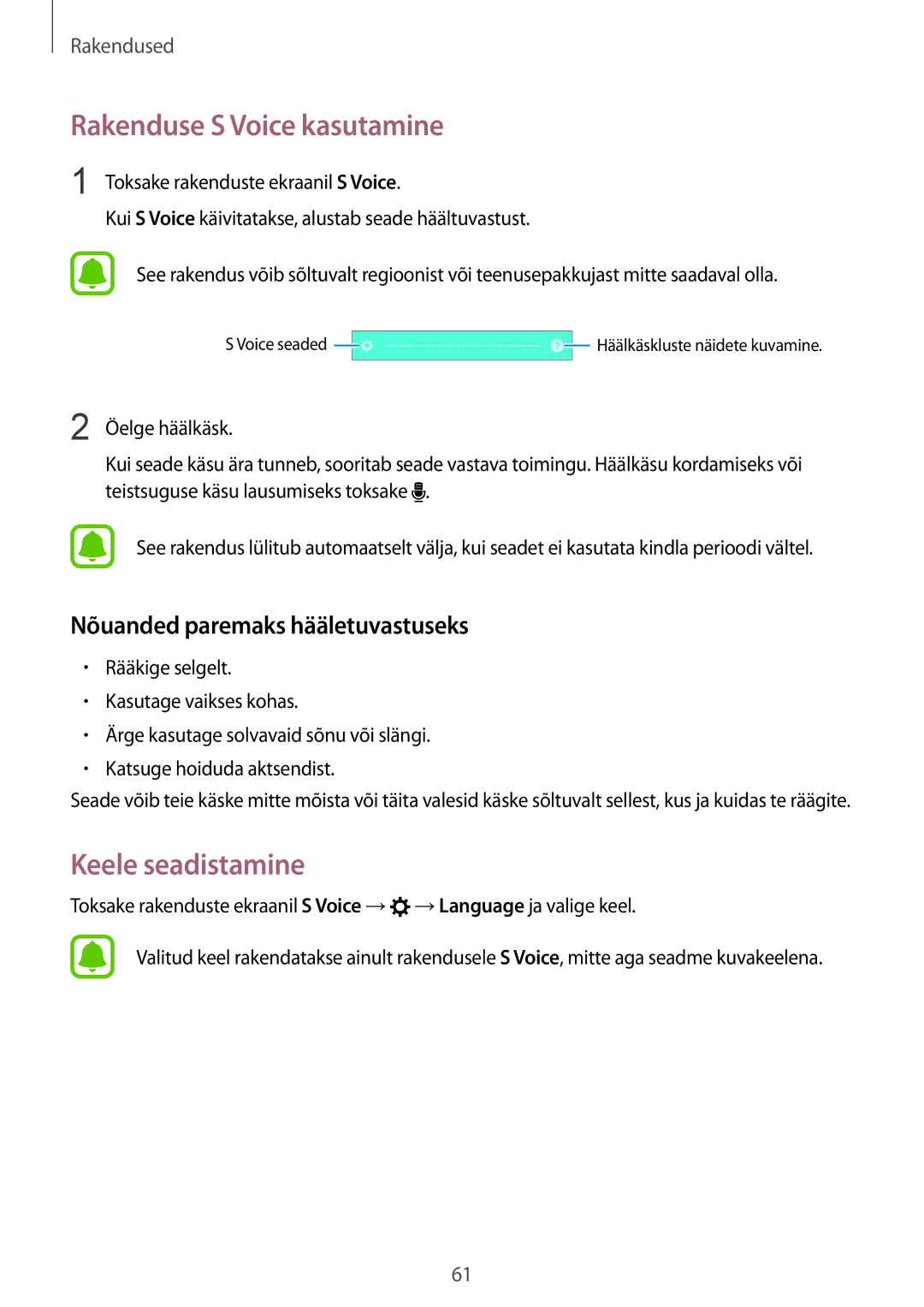 Samsung SM-A310FZDASEB manual Rakenduse S Voice kasutamine, Keele seadistamine, Nõuanded paremaks hääletuvastuseks 