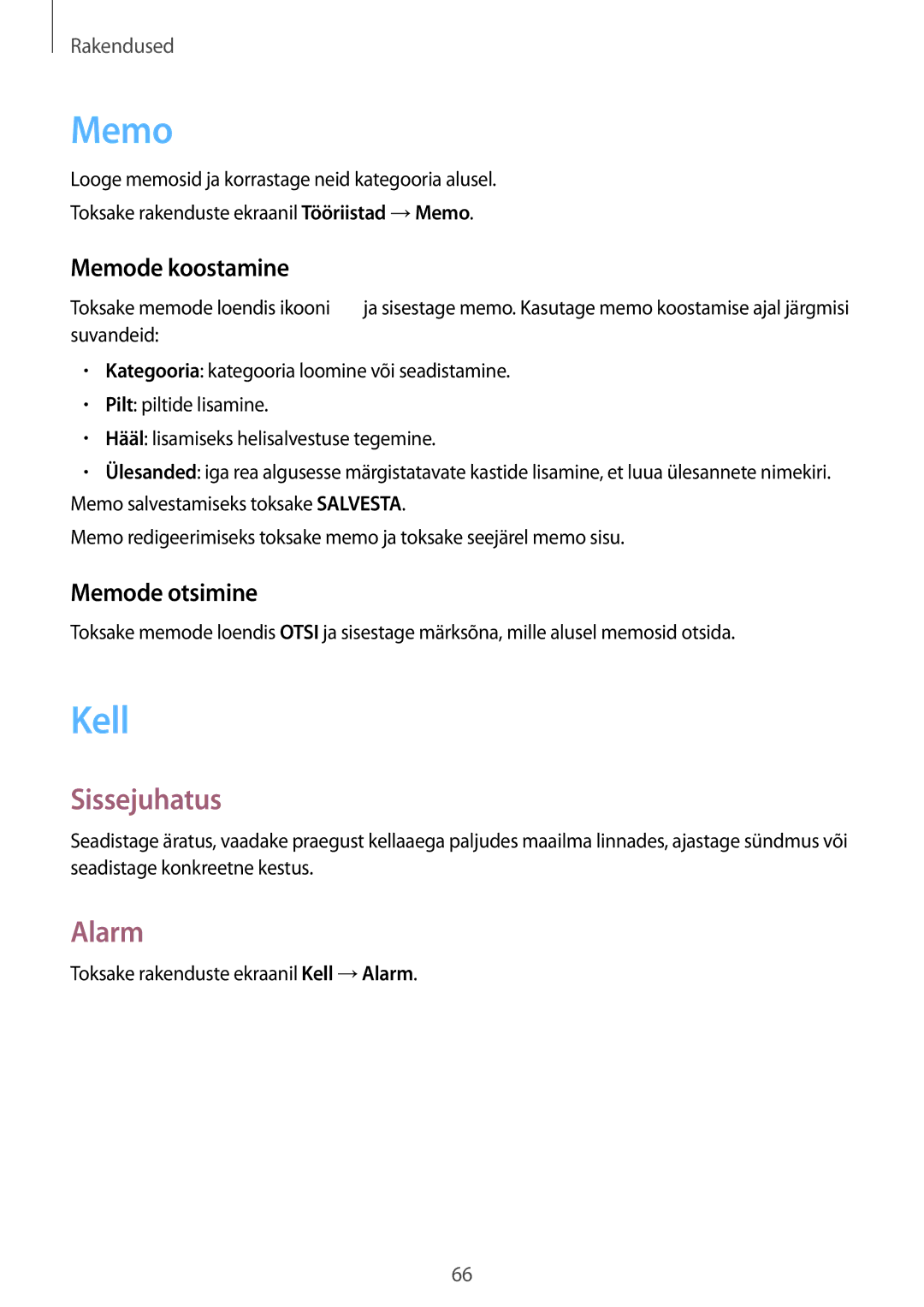 Samsung SM-A310FZKASEB, SM-A310FZDASEB manual Kell, Alarm, Memode koostamine, Memode otsimine 