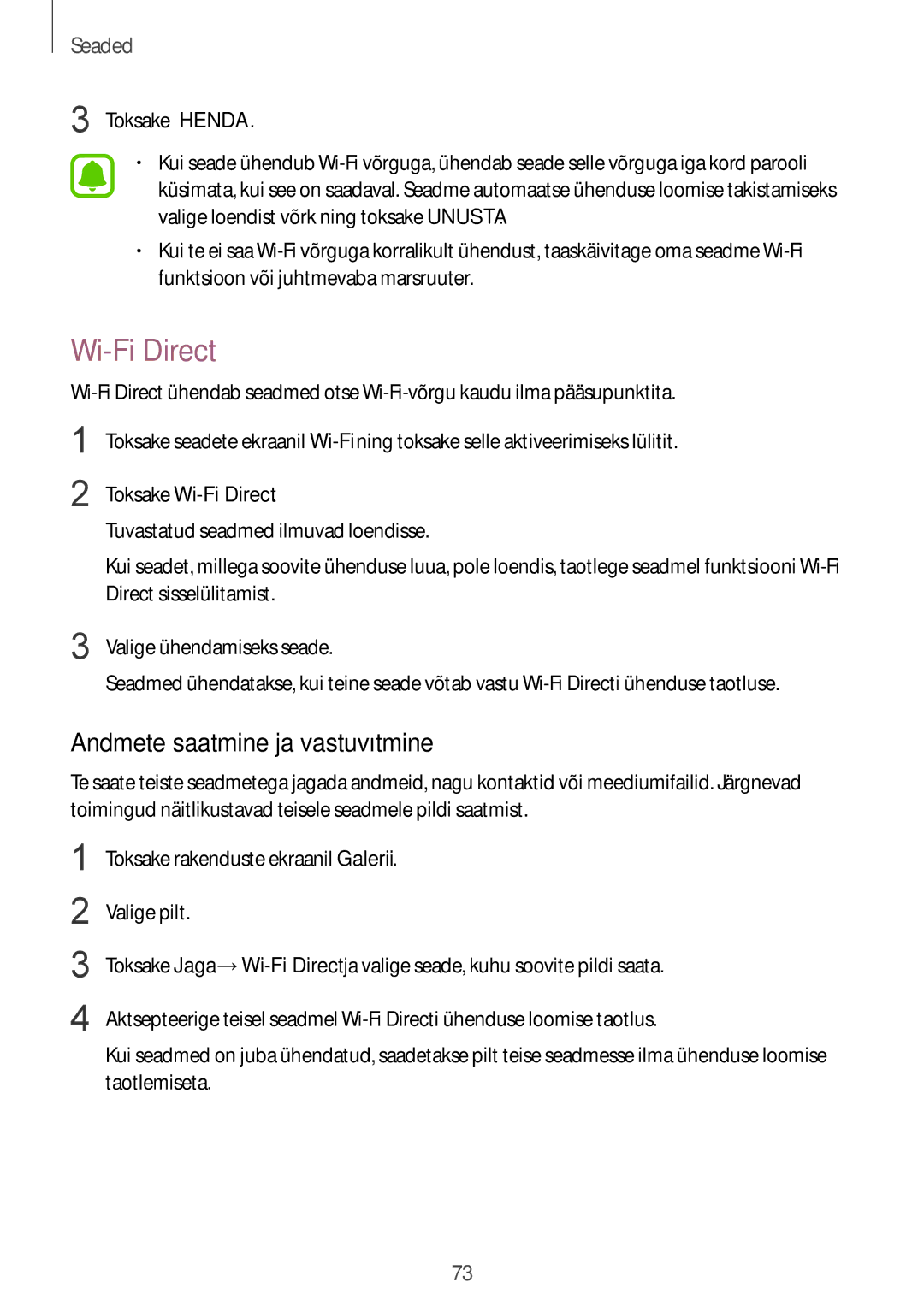 Samsung SM-A310FZDASEB, SM-A310FZKASEB manual Andmete saatmine ja vastuvõtmine, Toksake Wi-Fi Direct 