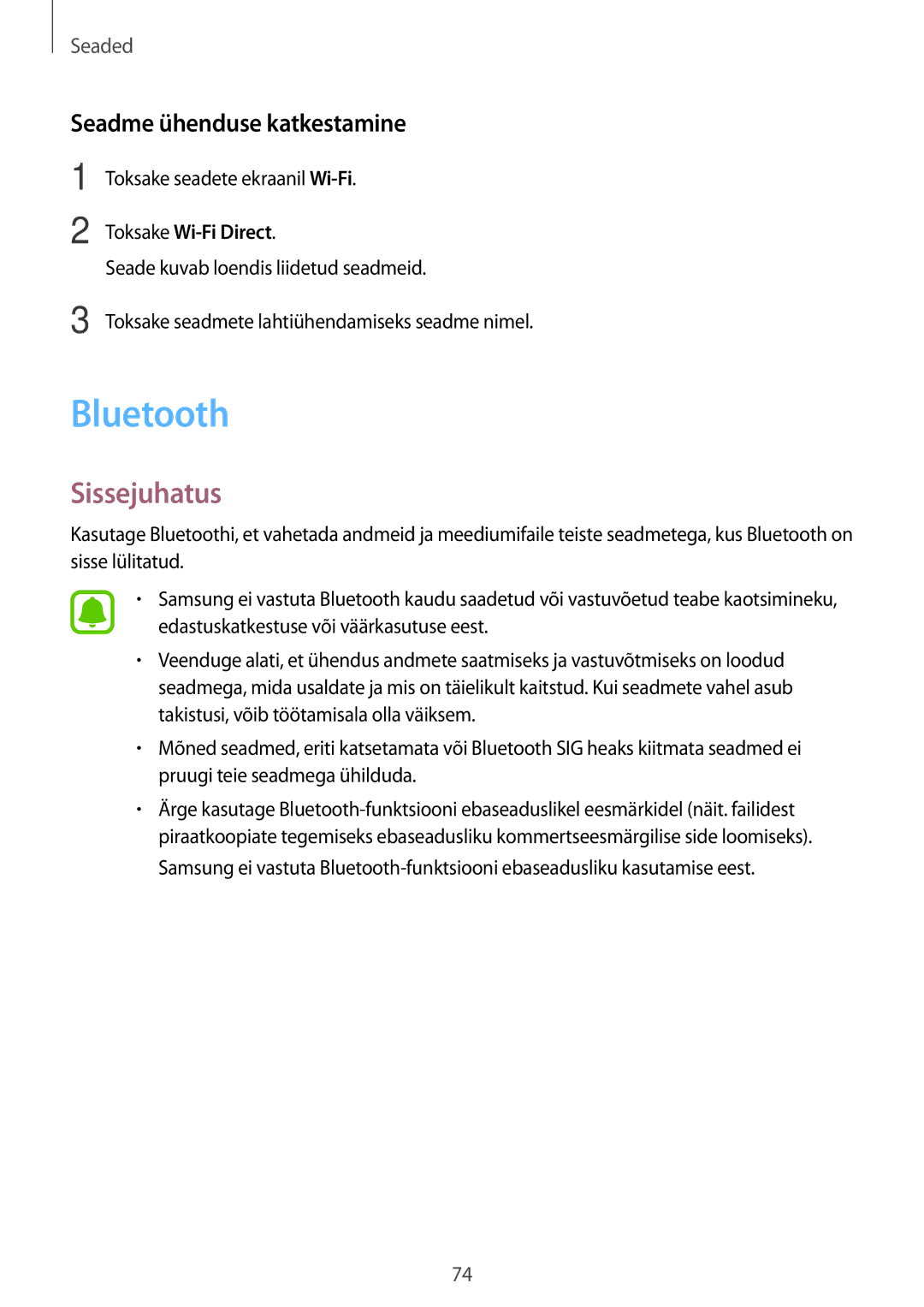 Samsung SM-A310FZKASEB, SM-A310FZDASEB manual Bluetooth, Seadme ühenduse katkestamine 