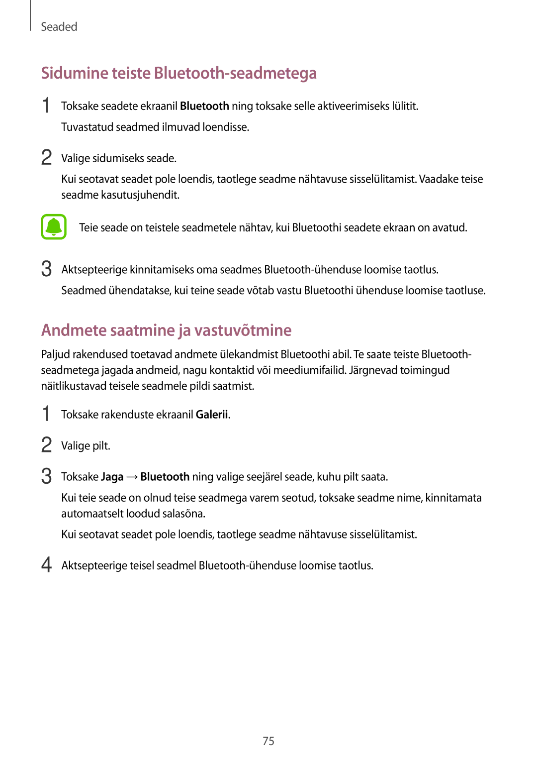 Samsung SM-A310FZDASEB, SM-A310FZKASEB manual Sidumine teiste Bluetooth-seadmetega, Andmete saatmine ja vastuvõtmine 