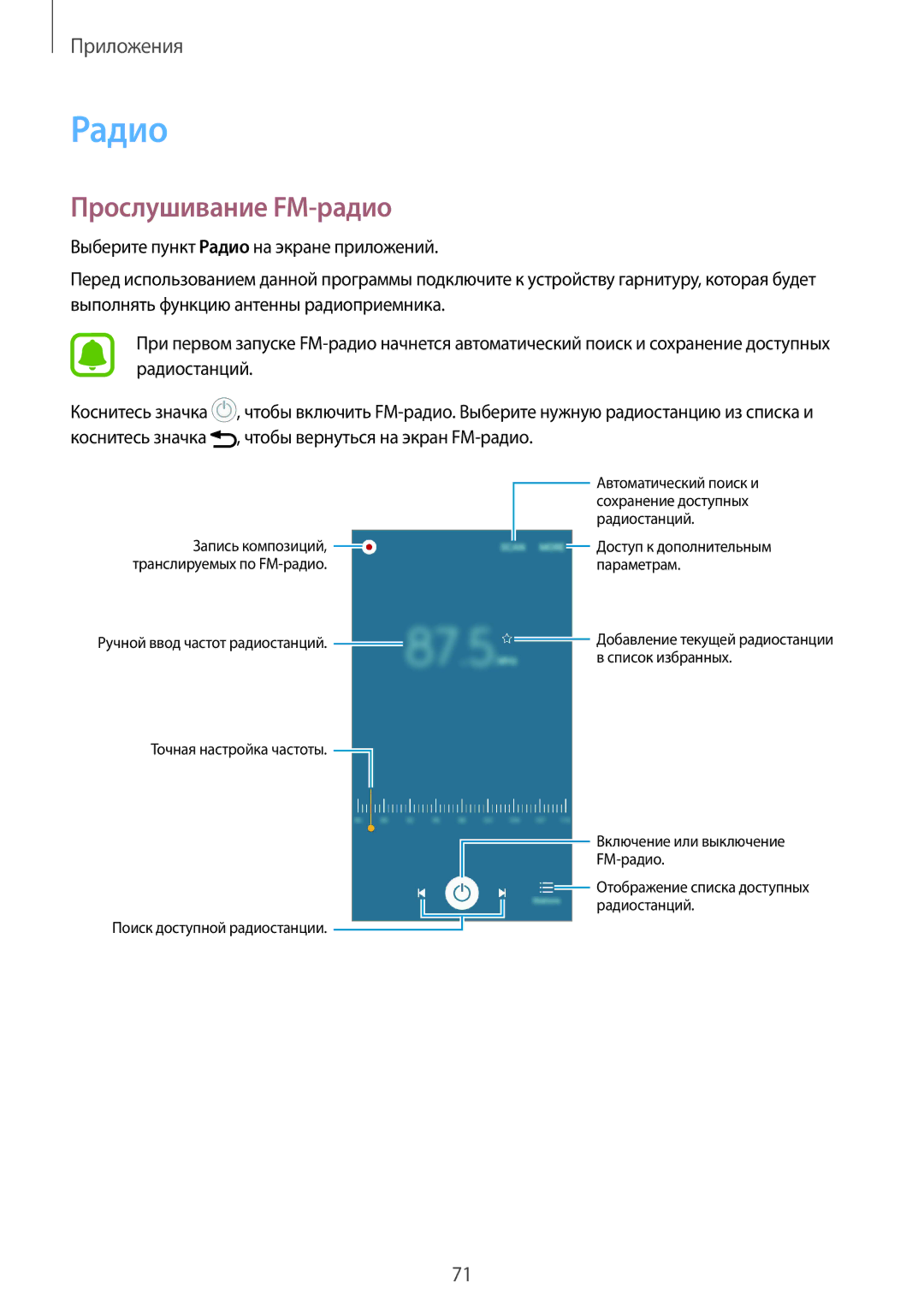 Samsung SM-A310FZDASEB, SM-A310FZKASEB manual Радио, Прослушивание FM-радио 