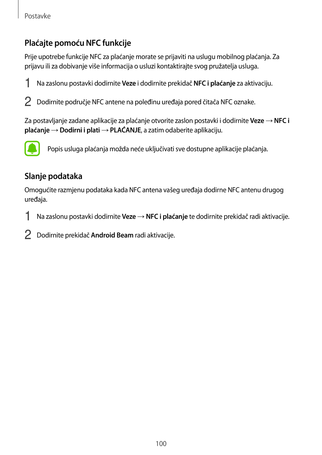 Samsung SM-A310FZKASEE manual Plaćajte pomoću NFC funkcije, Slanje podataka 