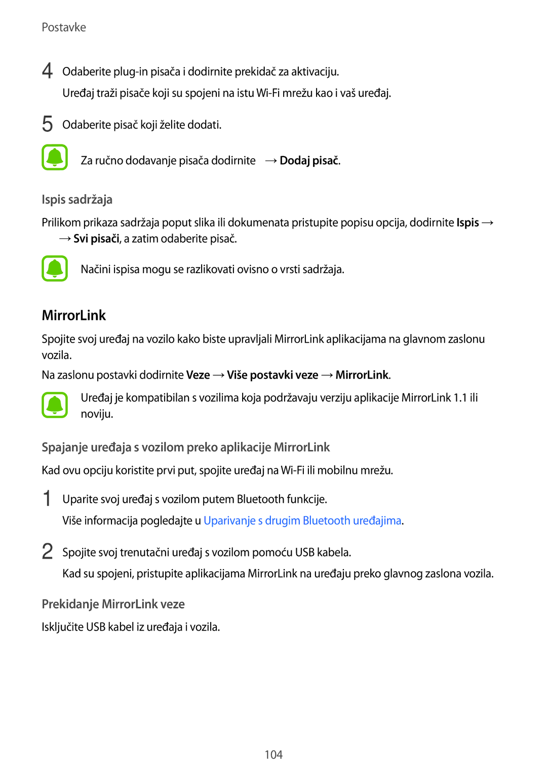 Samsung SM-A310FZKASEE manual MirrorLink, Ispis sadržaja 