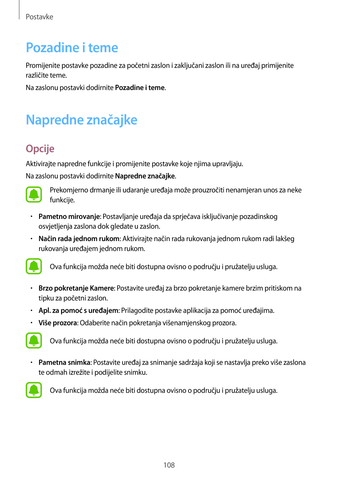 Samsung SM-A310FZKASEE manual Pozadine i teme, Napredne značajke 