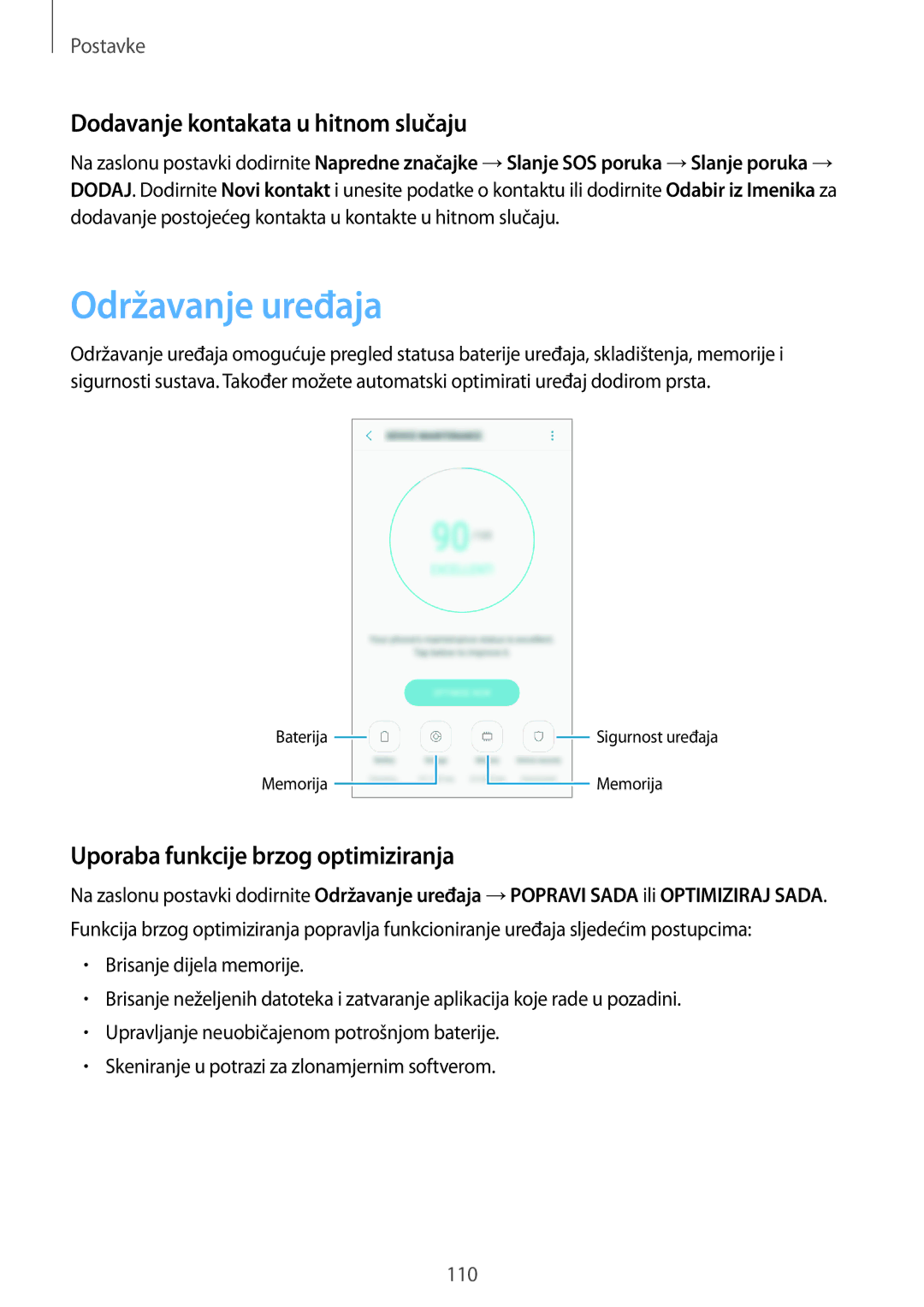 Samsung SM-A310FZKASEE Održavanje uređaja, Dodavanje kontakata u hitnom slučaju, Uporaba funkcije brzog optimiziranja 