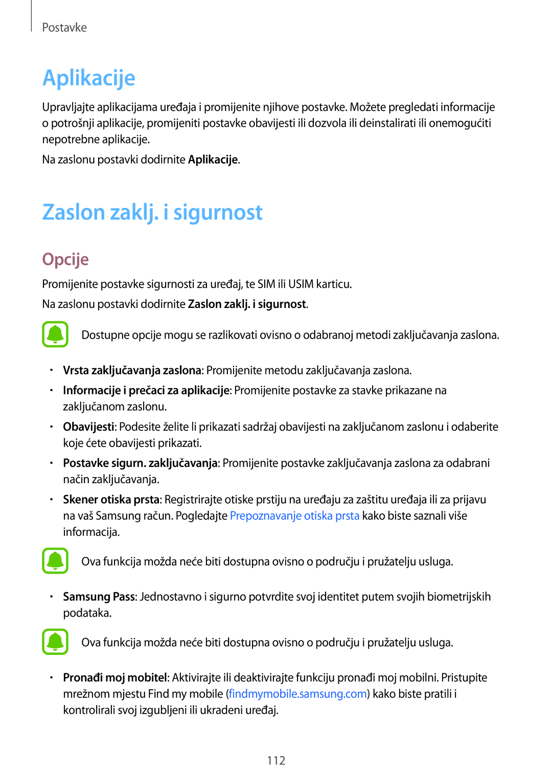 Samsung SM-A310FZKASEE manual Aplikacije, Zaslon zaklj. i sigurnost 