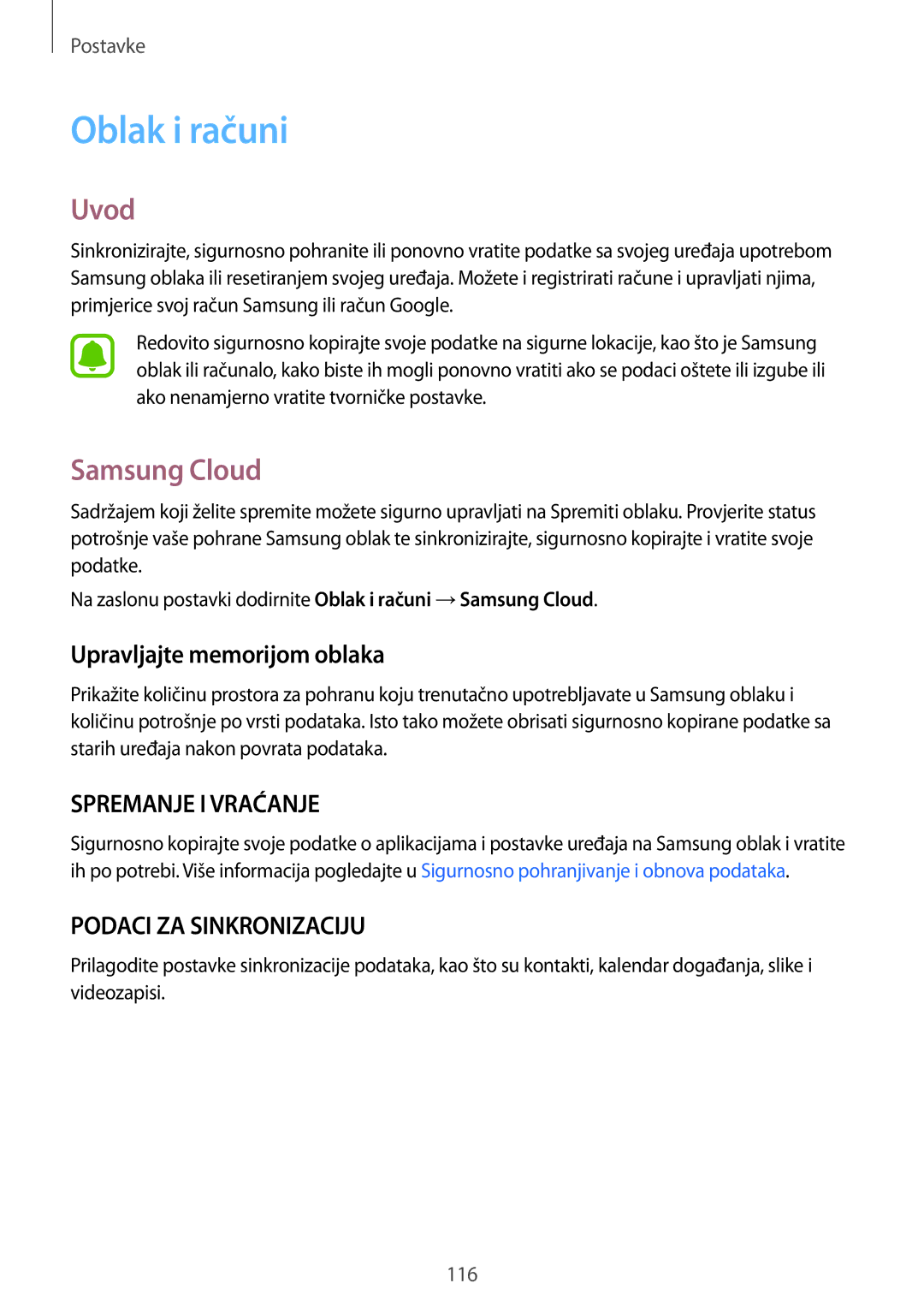 Samsung SM-A310FZKASEE manual Oblak i računi, Samsung Cloud, Upravljajte memorijom oblaka 