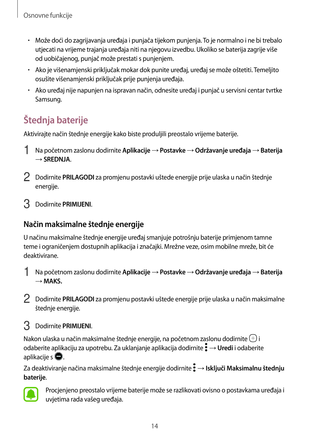 Samsung SM-A310FZKASEE manual Štednja baterije, Način maksimalne štednje energije 