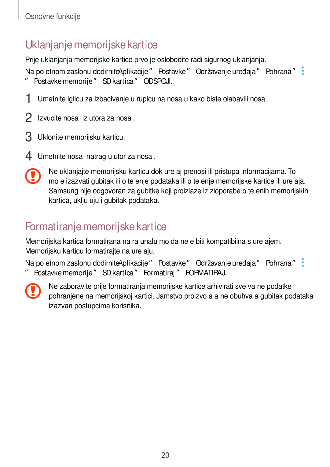 Samsung SM-A310FZKASEE manual Uklanjanje memorijske kartice, Formatiranje memorijske kartice 